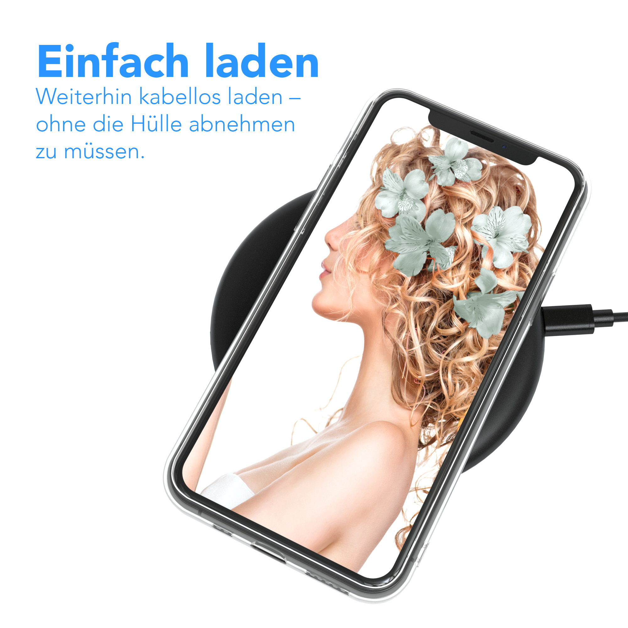 Telefon auf einem Ladepad. Gesicht einer Frau mit Blumen auf dem Bildschirm. Schwarzes Ladepad.