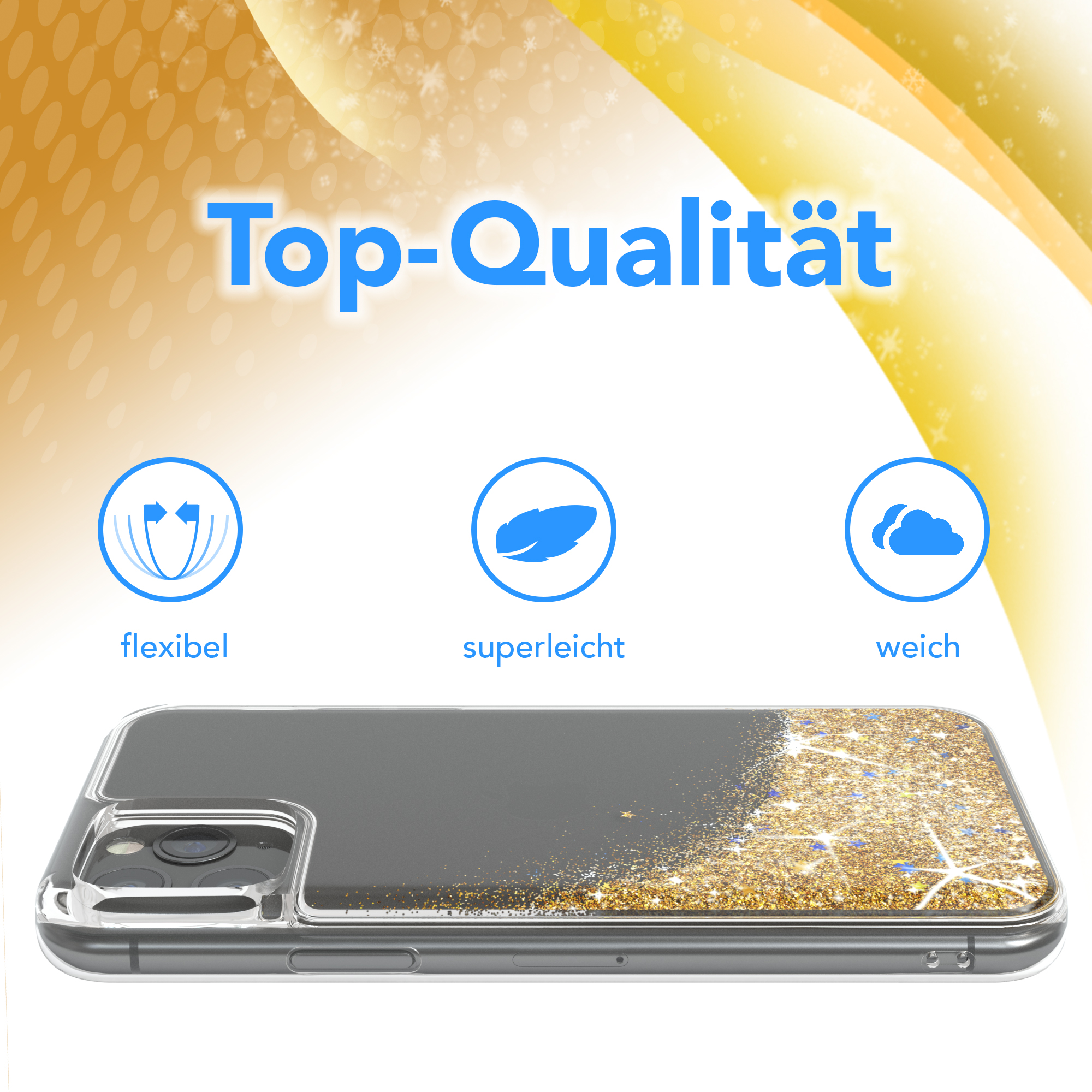 Handyhülle mit Glitzer. Text: Top-Qualität. Symbole: flexibel, superleicht und weich. Goldenes Glitzerdesign.