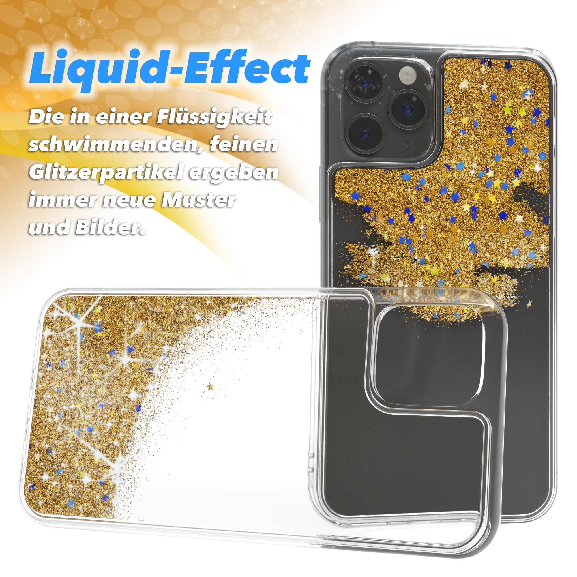 Handyhülle mit Flüssigkeitseffekt. Goldener Glitzer, transparente Hülle, schwarzes Telefon.