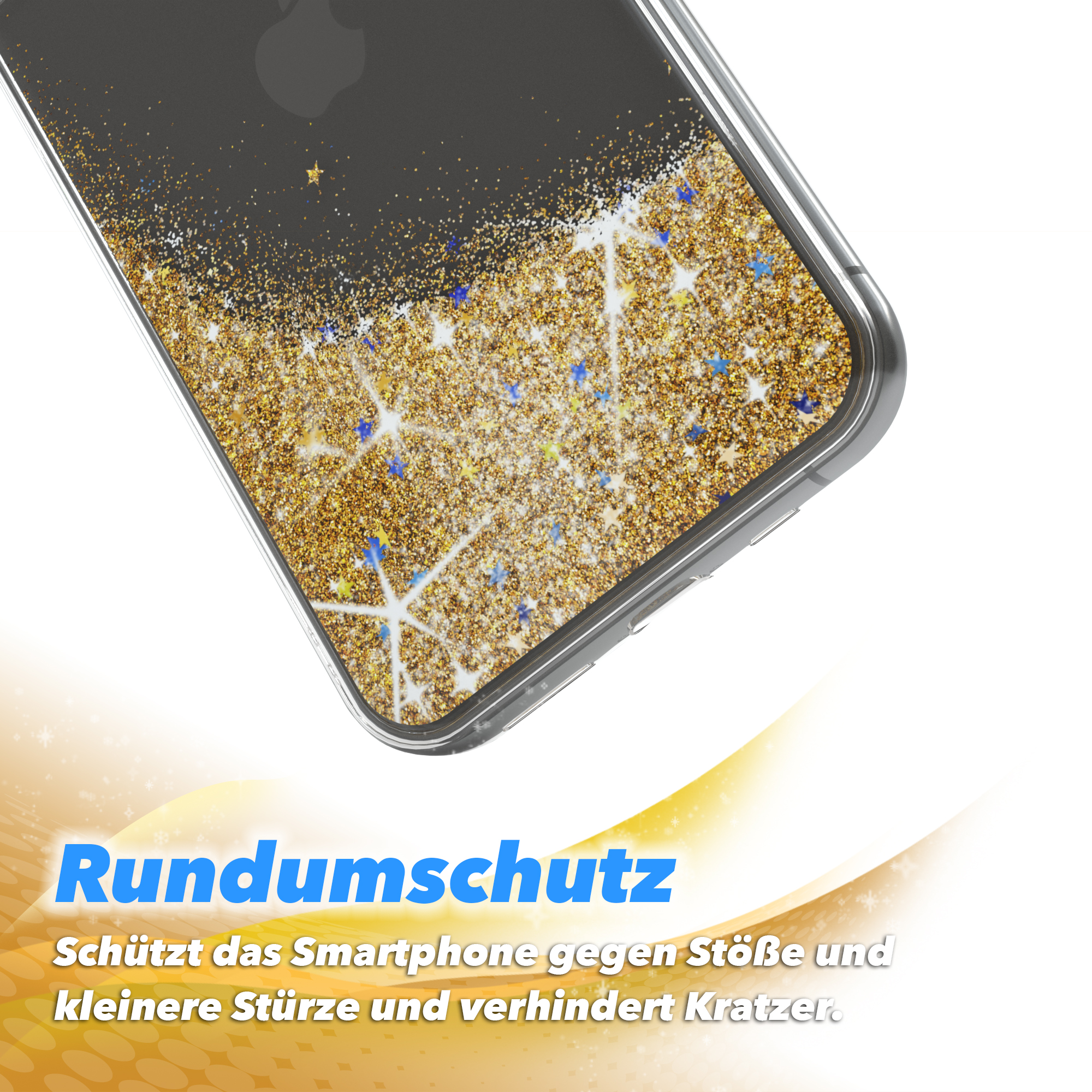 Handyhülle mit goldenem Glitzer und blauen Sternen. Weißer und goldener Hintergrund mit Text.