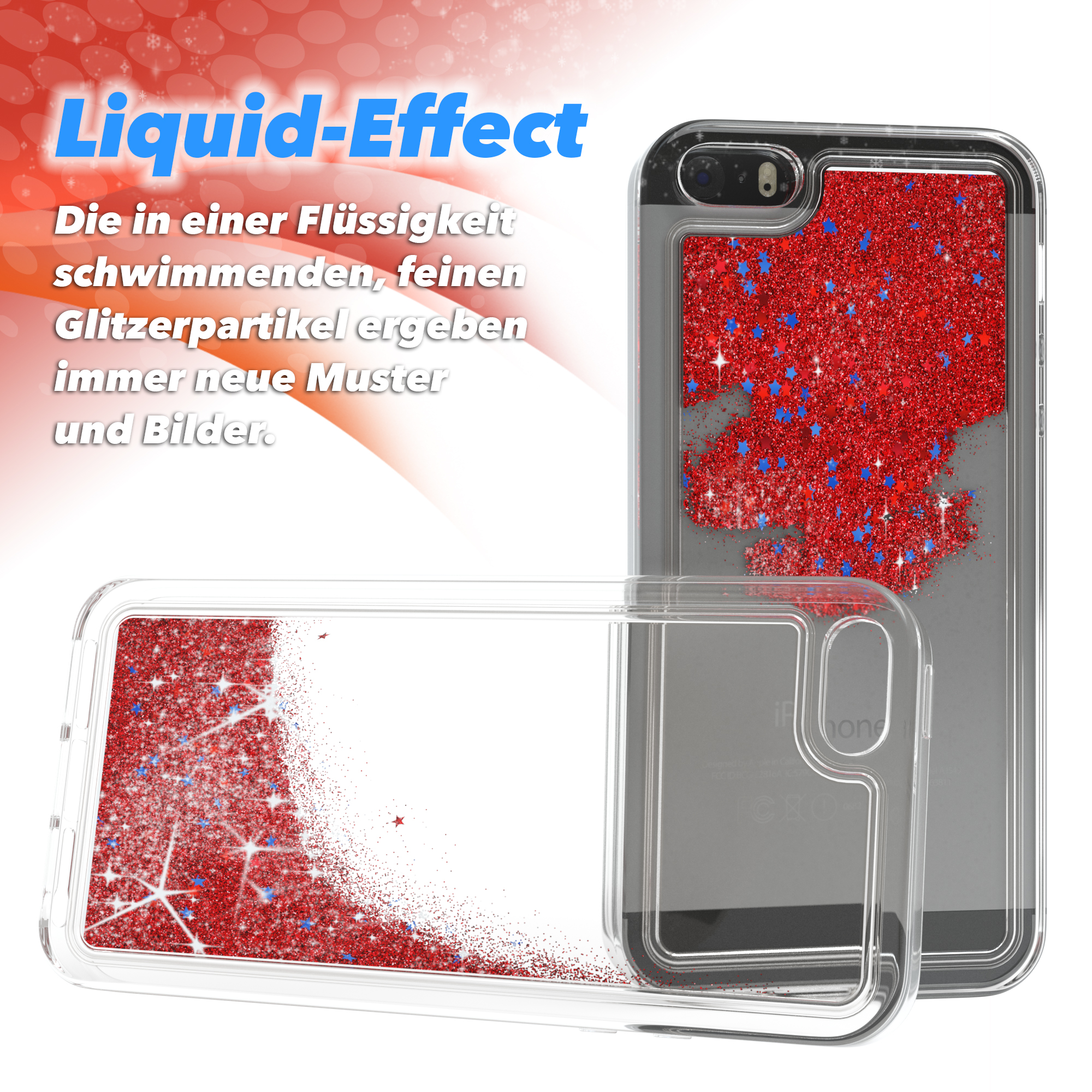 Transparente Handyhülle mit rotem Glitzer und blauen Sternen auf weißem Grund, zwei Hüllen gezeigt.