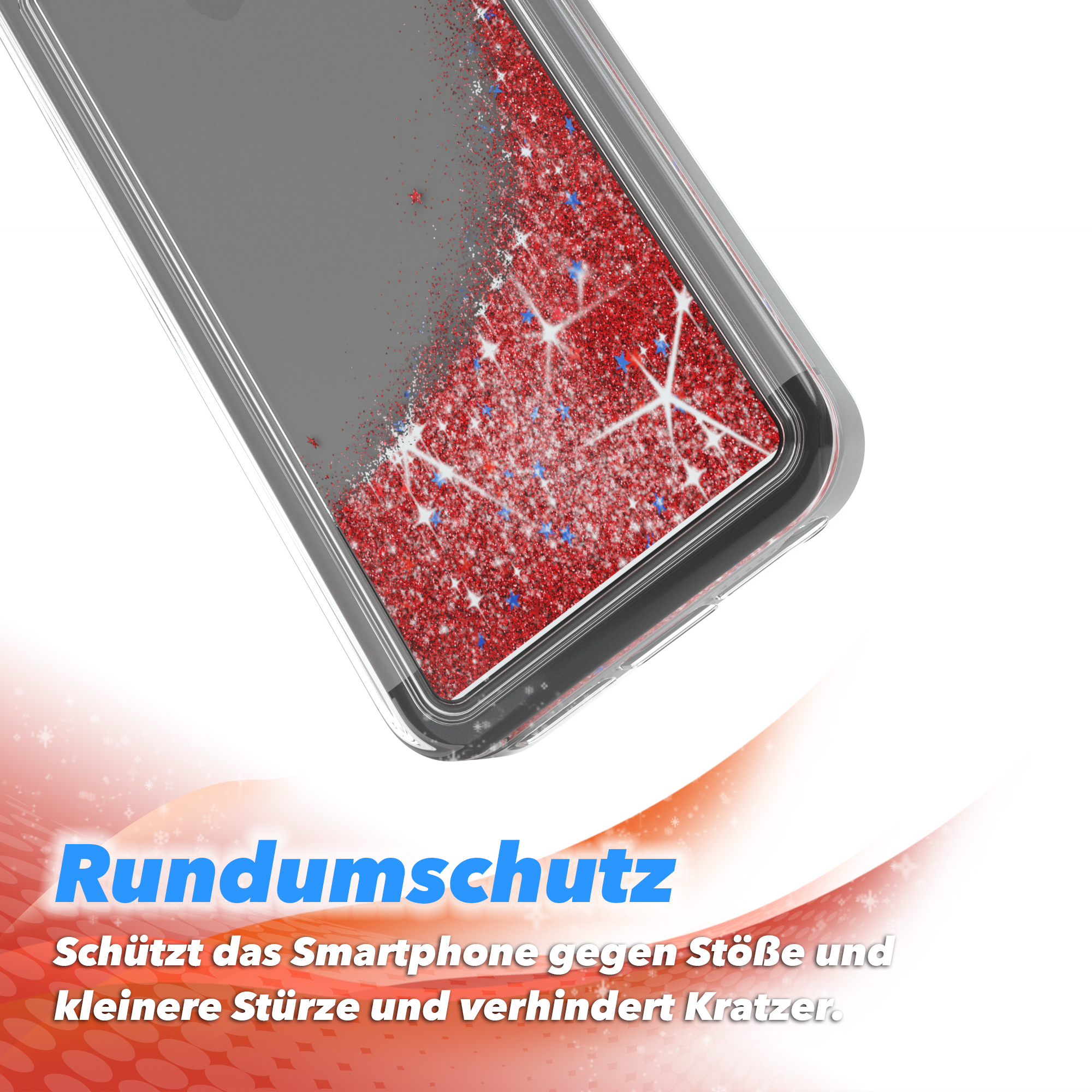Eine Handyhülle mit rotem und blauem Glitzer-Design. Text: Rundumschutz, schützt vor Stößen und Kratzern.