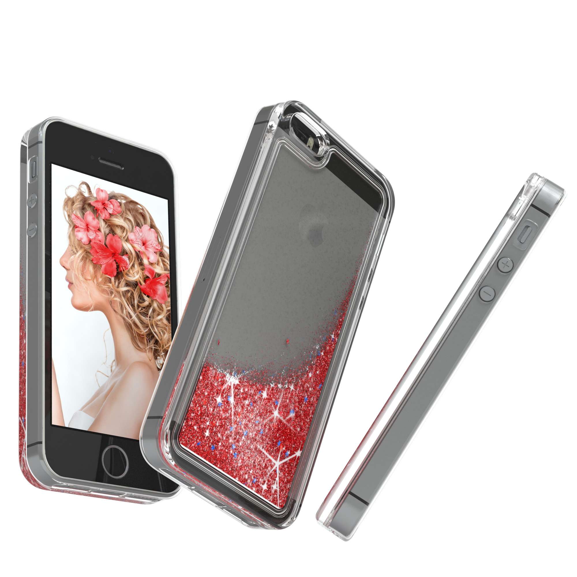 iPhone mit roter Glitzerhülle, Frau mit Blumen.