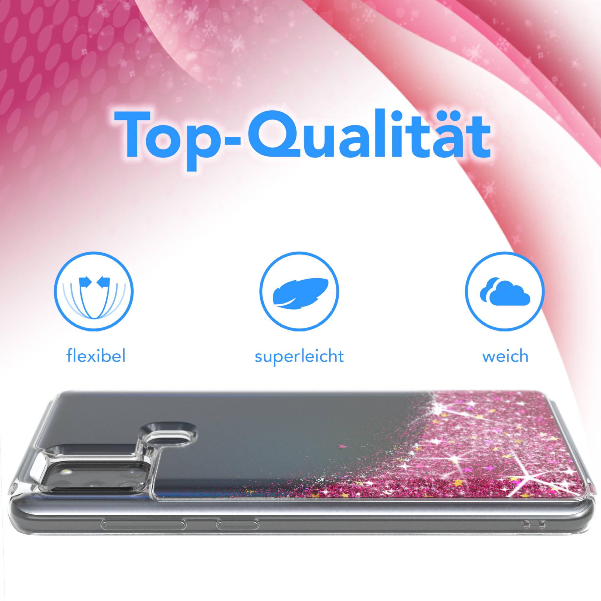 Transparente Handyhülle auf einem Telefon. Sie hat rosa Glitzer und Sternmuster.