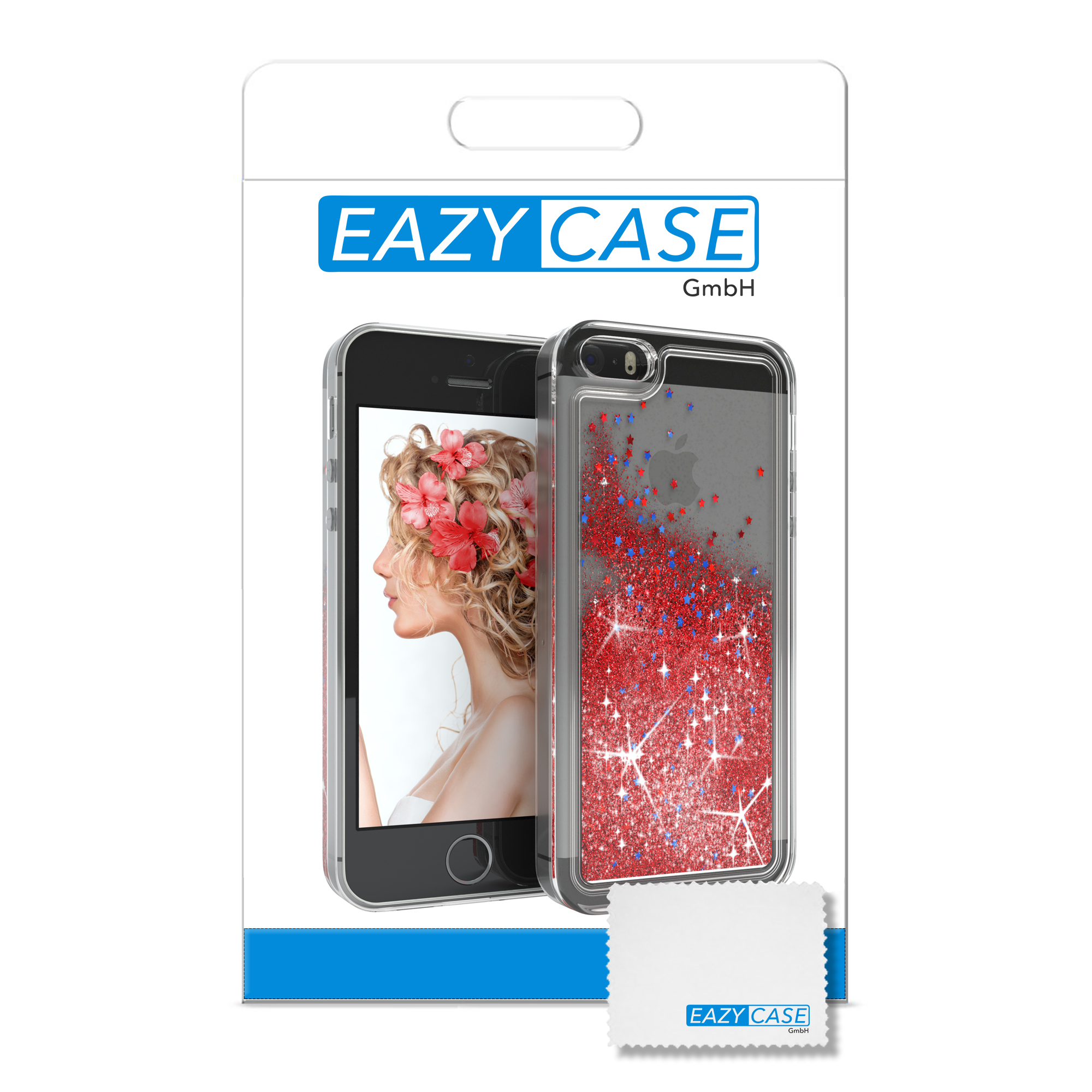 Verpackung einer Handyhülle. Zeigt eine Frau mit Blumen und eine Handyhülle mit rotem Glitzer und blauen Sternen.