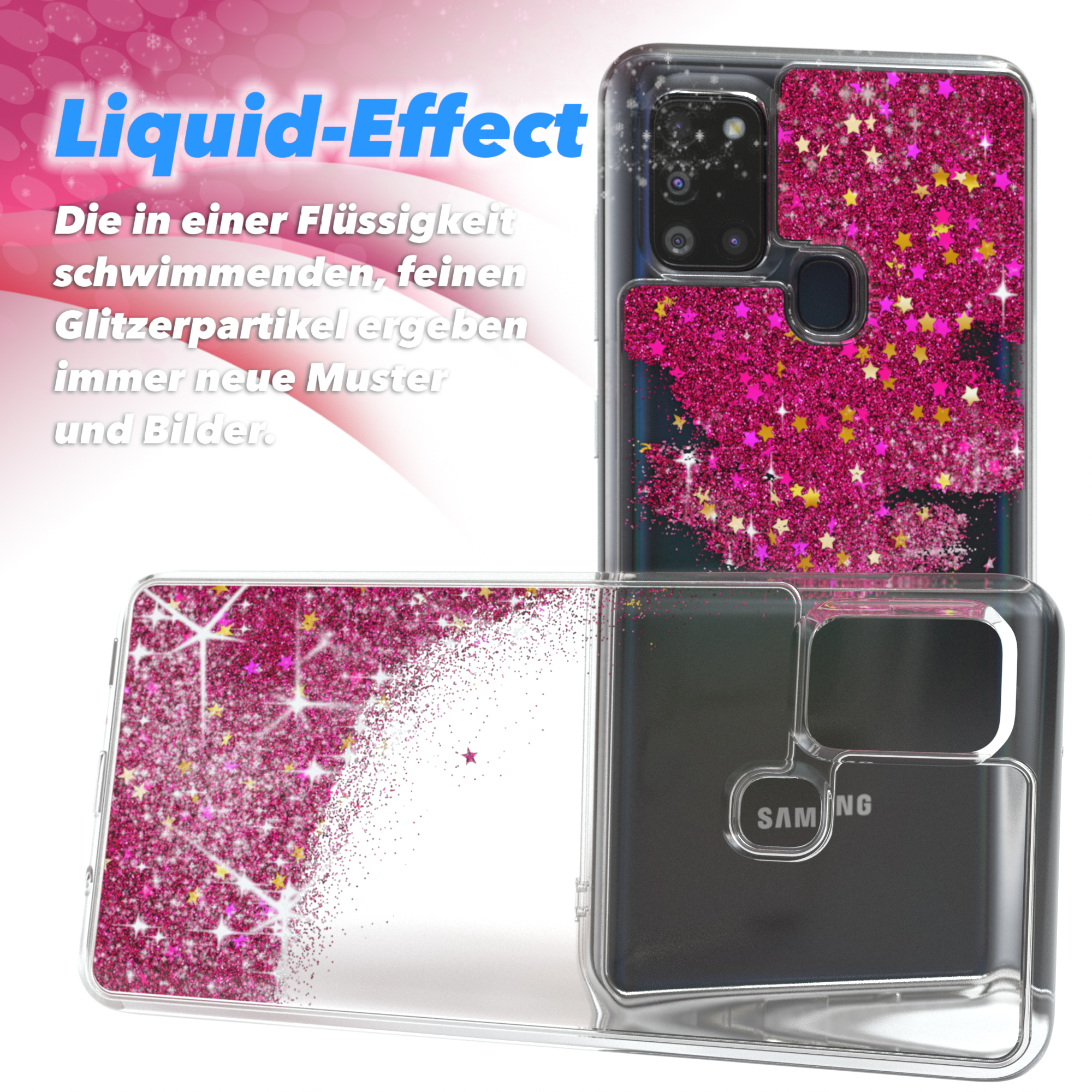 Handyhülle mit rosa Glitzer und Flüssigkeit. Oben steht 'Liquid-Effect'. Es befindet sich ein Telefon darin.