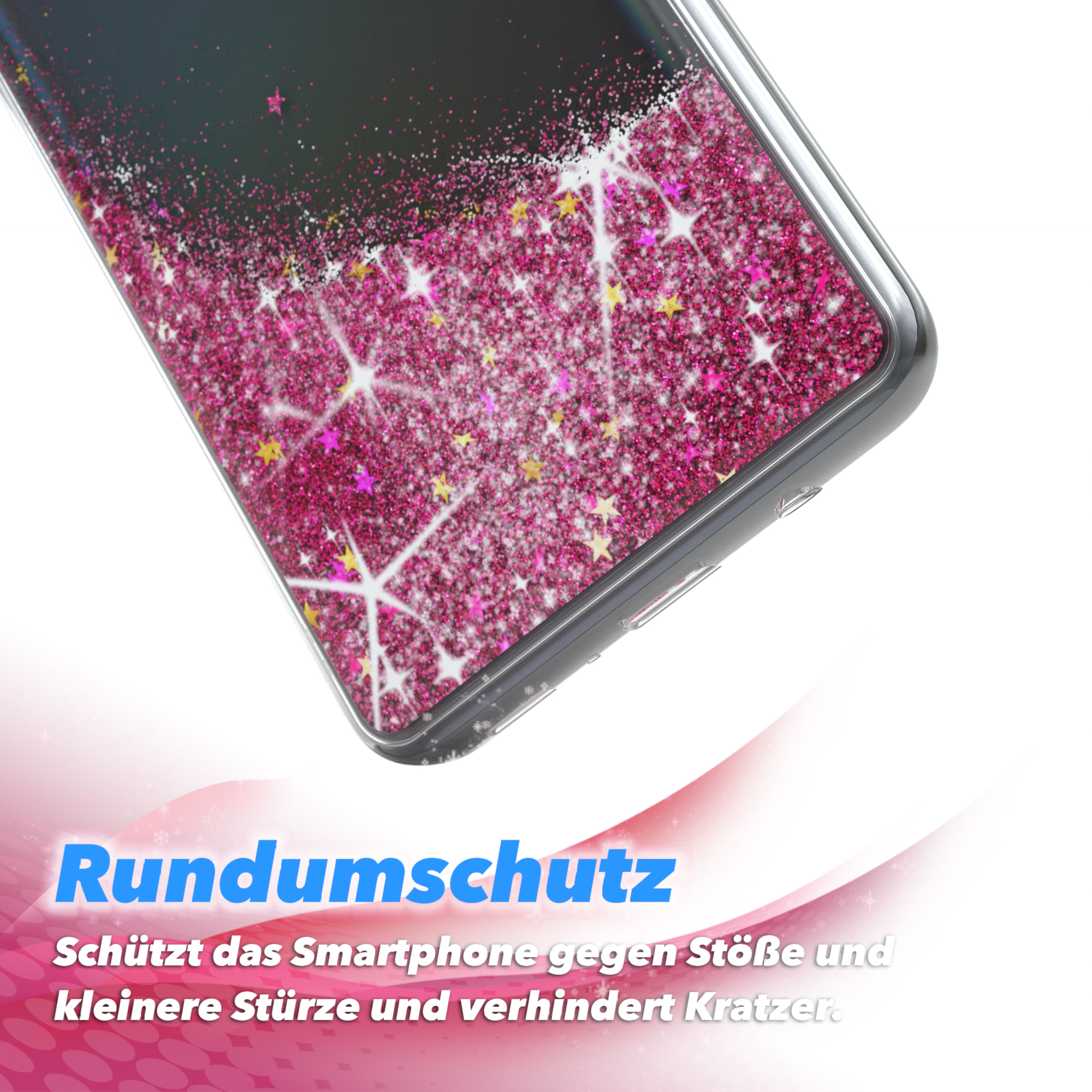 Nahaufnahme einer Handyhülle mit rosa Glitzer. Weißer Hintergrund mit geschwungenen Linien und Sternen.