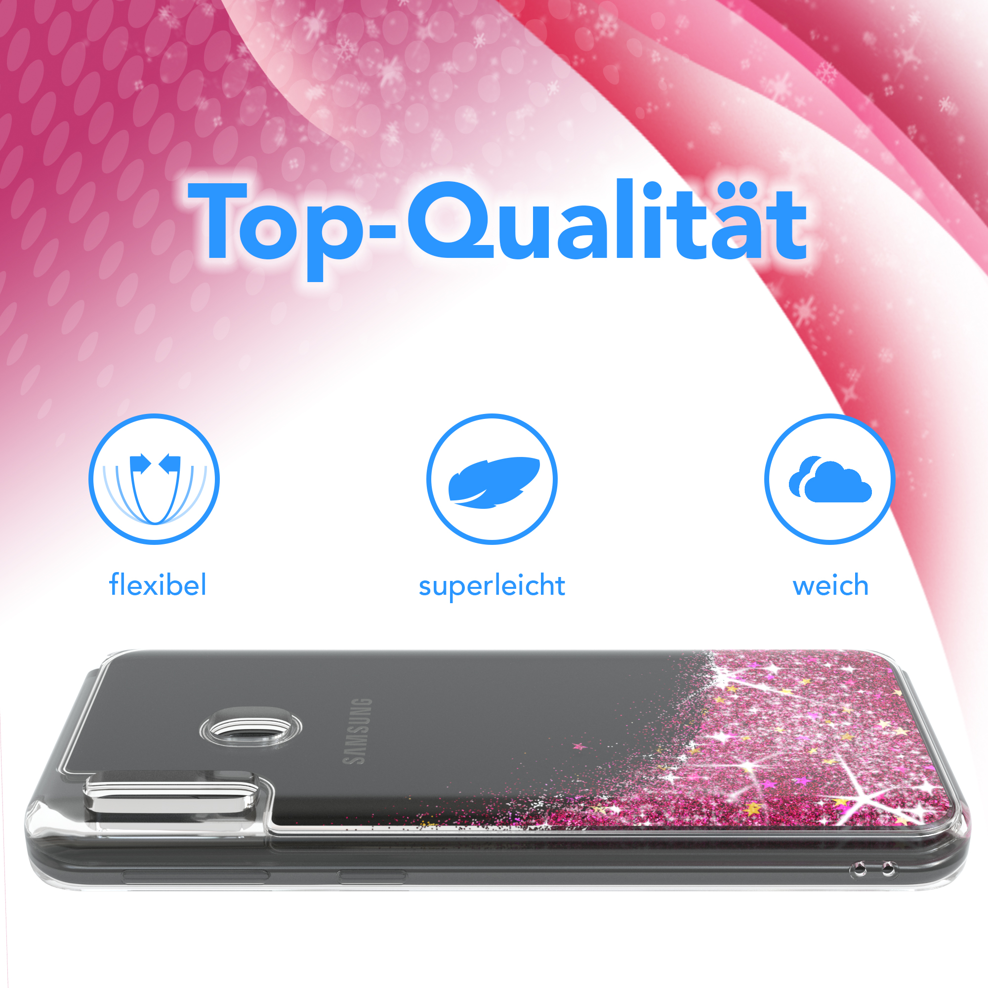 Handyhülle mit rosa Glitzer und Sternen. Hülle ist auf weißem Hintergrund. Top-Qualität, weich und flexibel.