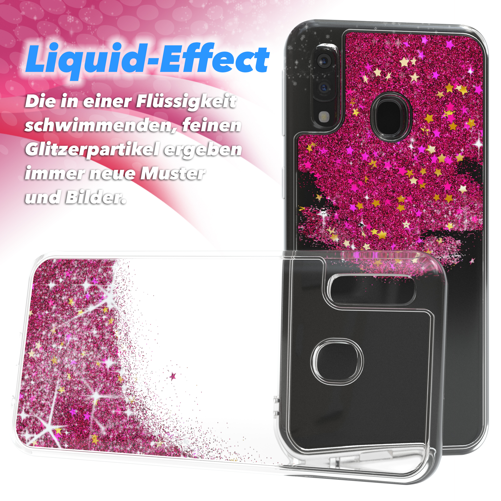 Eine Handyhülle mit Flüssigkeitseffekt-Glitzer. Text sagt 'Liquid-Effect', und der Glitzer ist pink.