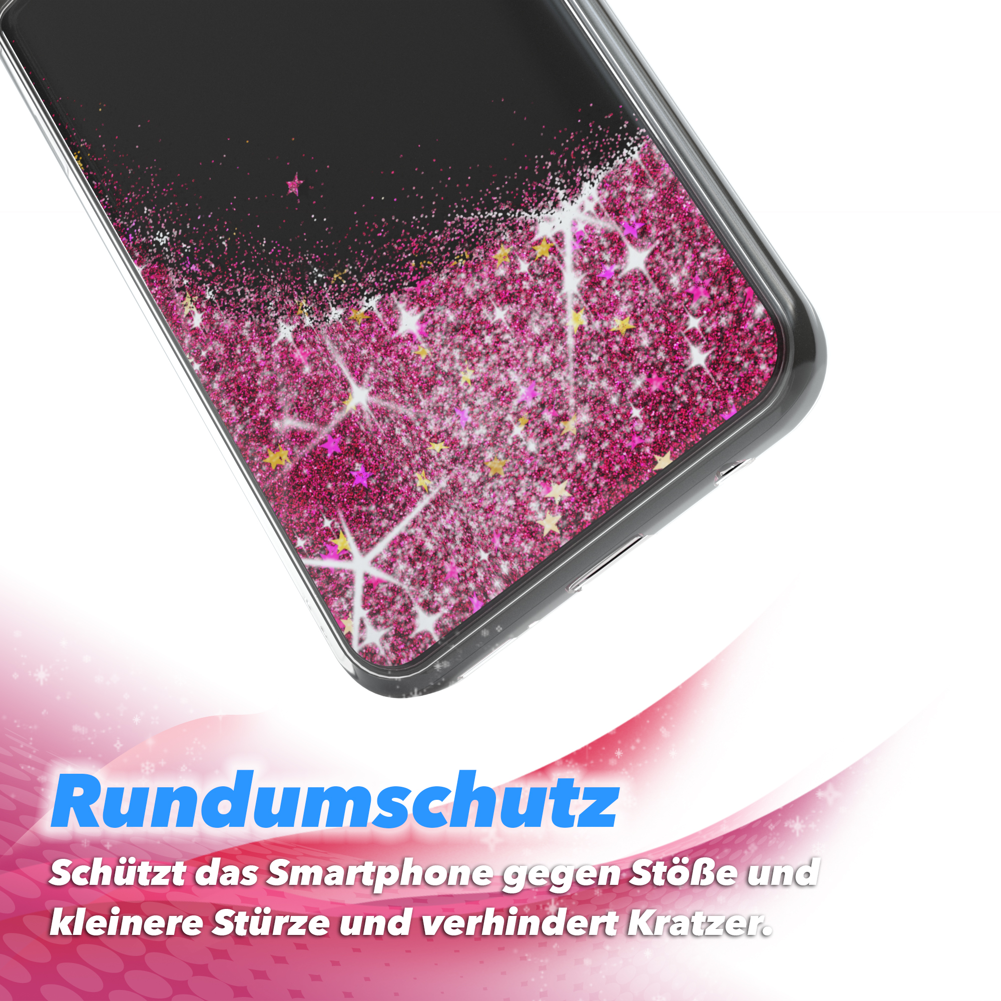 Eine Handyhülle mit rosa Glitzer und Sternen mit dem Wort Rundumschutz.