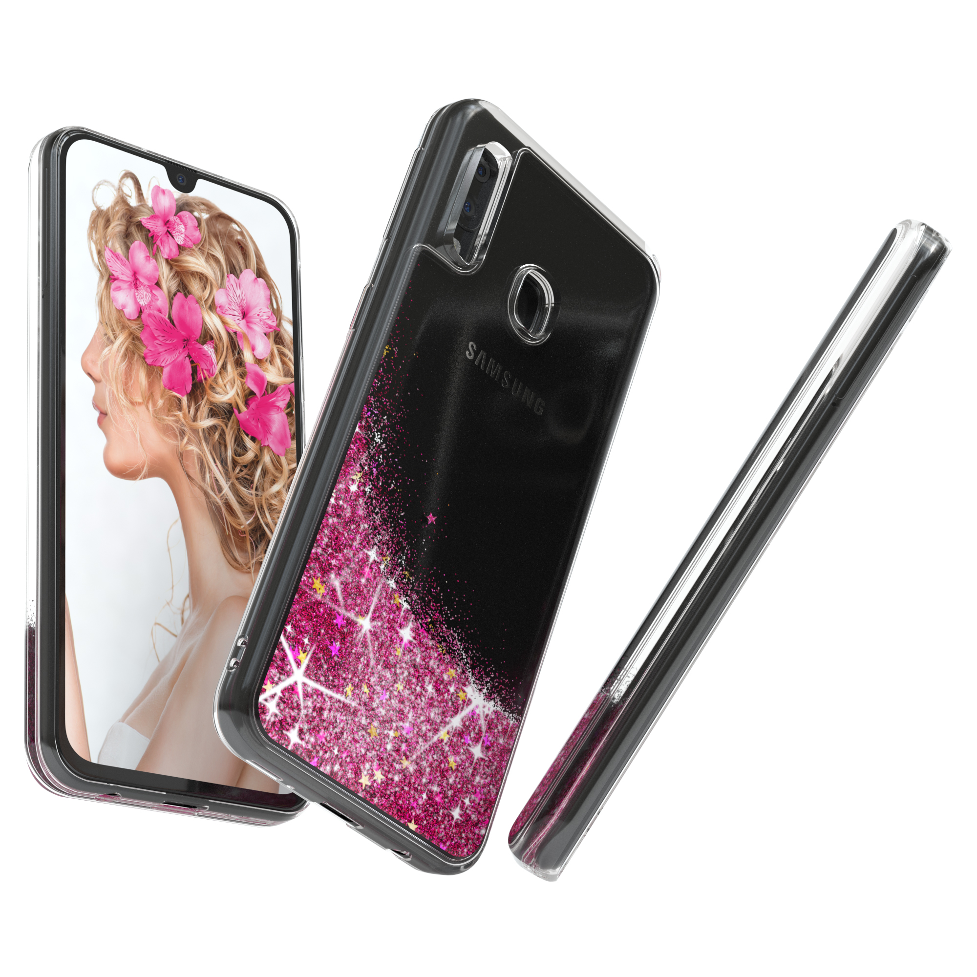 Ein Telefon in einer transparenten Glitzerhülle mit einer Frau auf dem Bildschirm vor weißem Hintergrund.