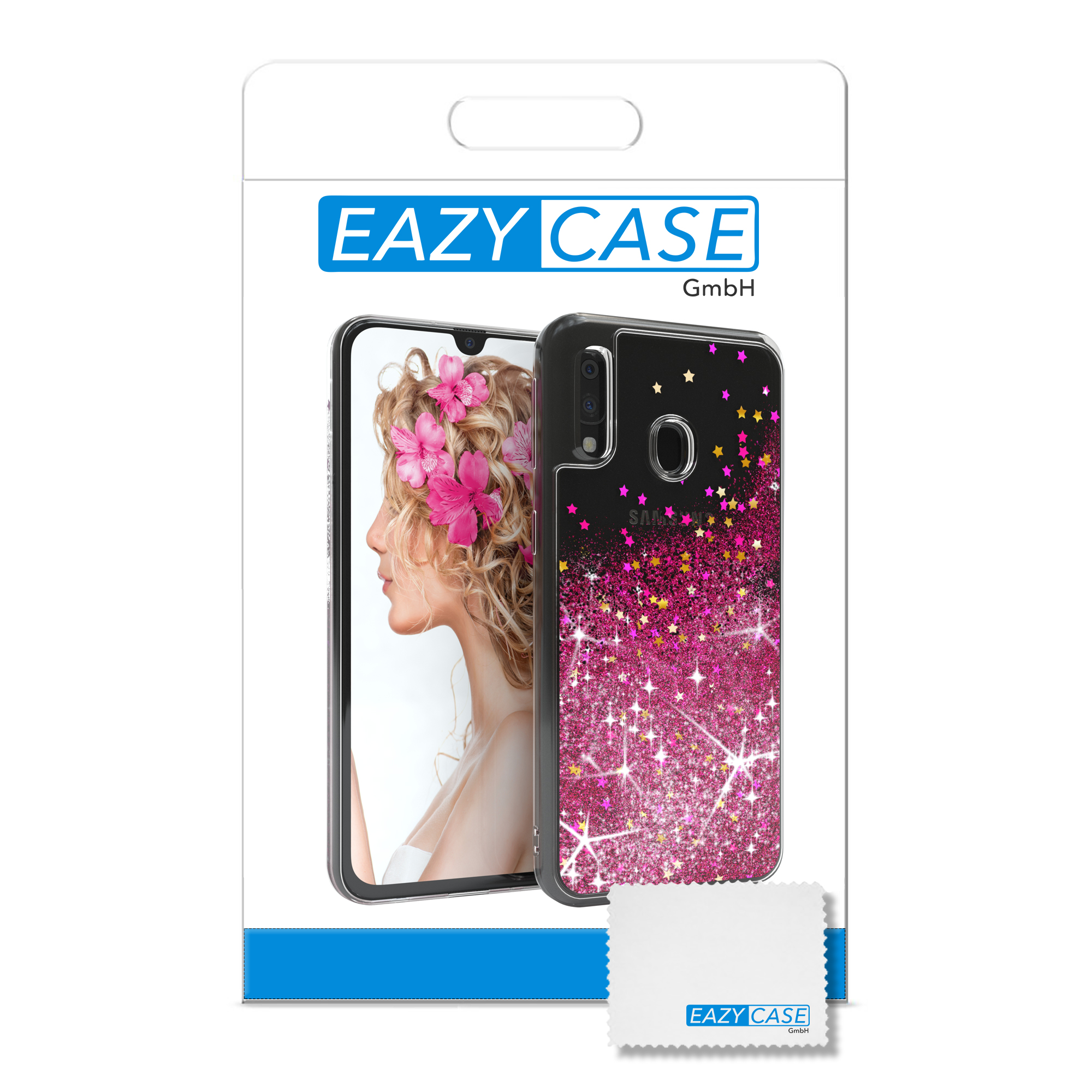 Ein Telefon in einer Glitzerhülle mit einem Reinigungstuch.