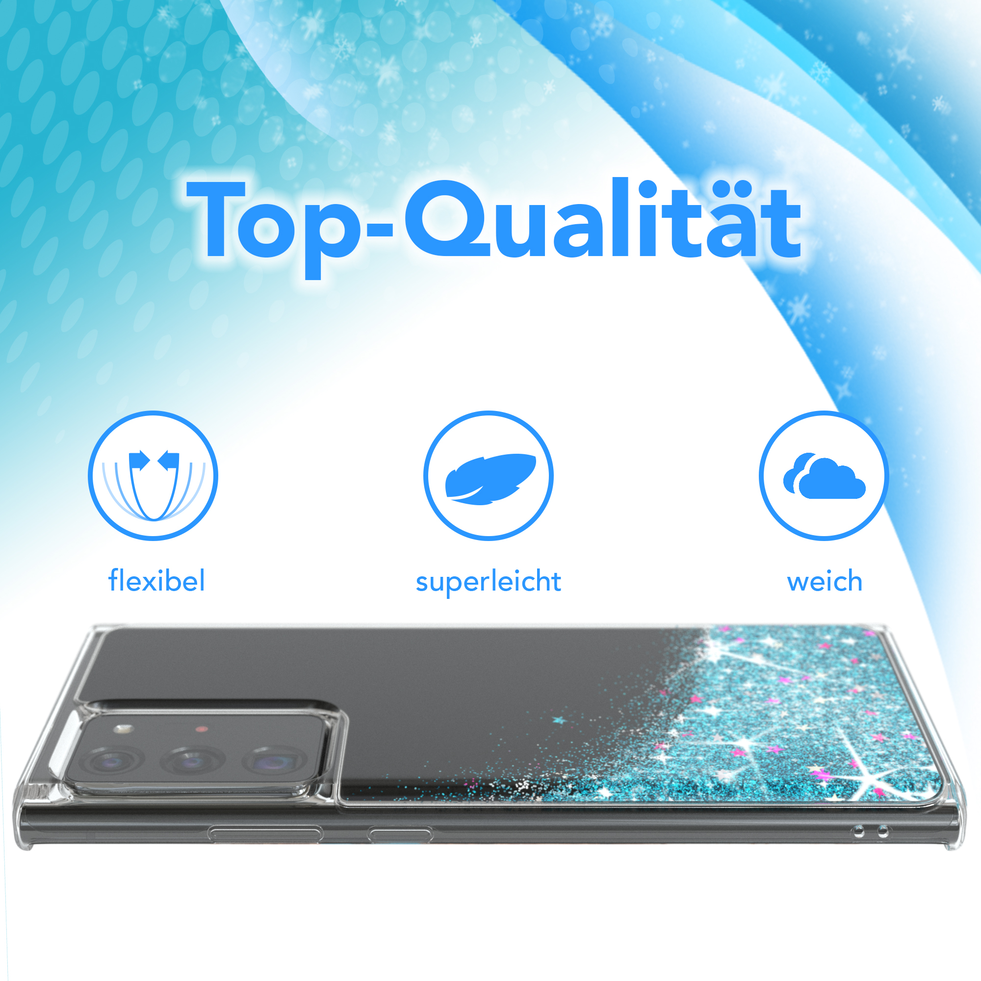 Handyhülle mit Glitzer und Telefon darin. Text auf Deutsch. Blauer Hintergrund.