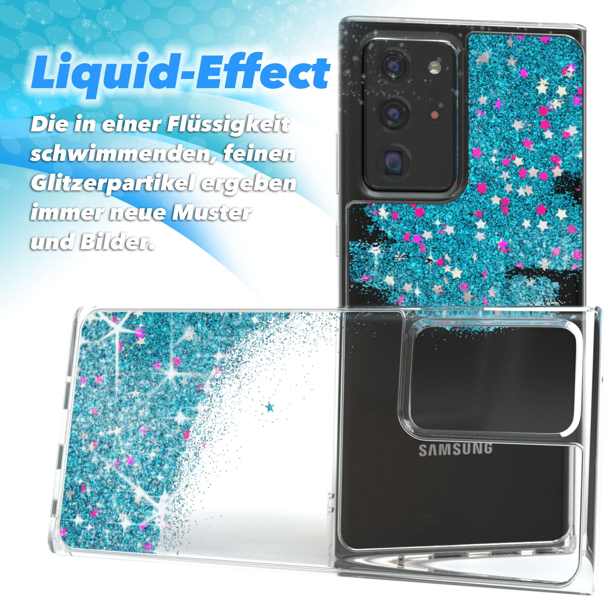 Transparente Handyhülle mit blauem Glitzer. Text: Liquid-Effect. Zwei Teile, die das Handy mit Glitzer zeigen.