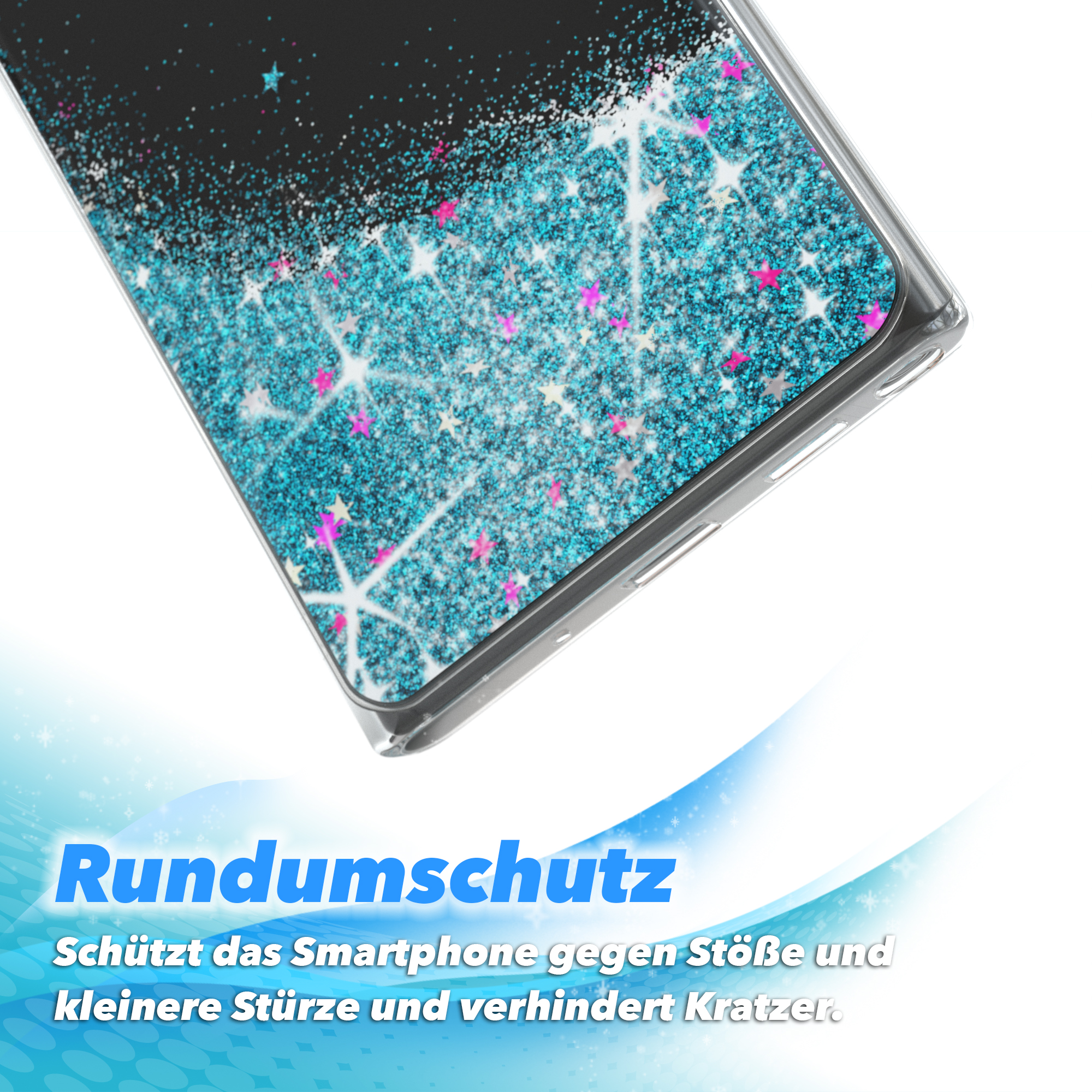 Eine Handyhülle mit Glitzerdesign. Die Hülle hat ein blaues und goldenes Muster.