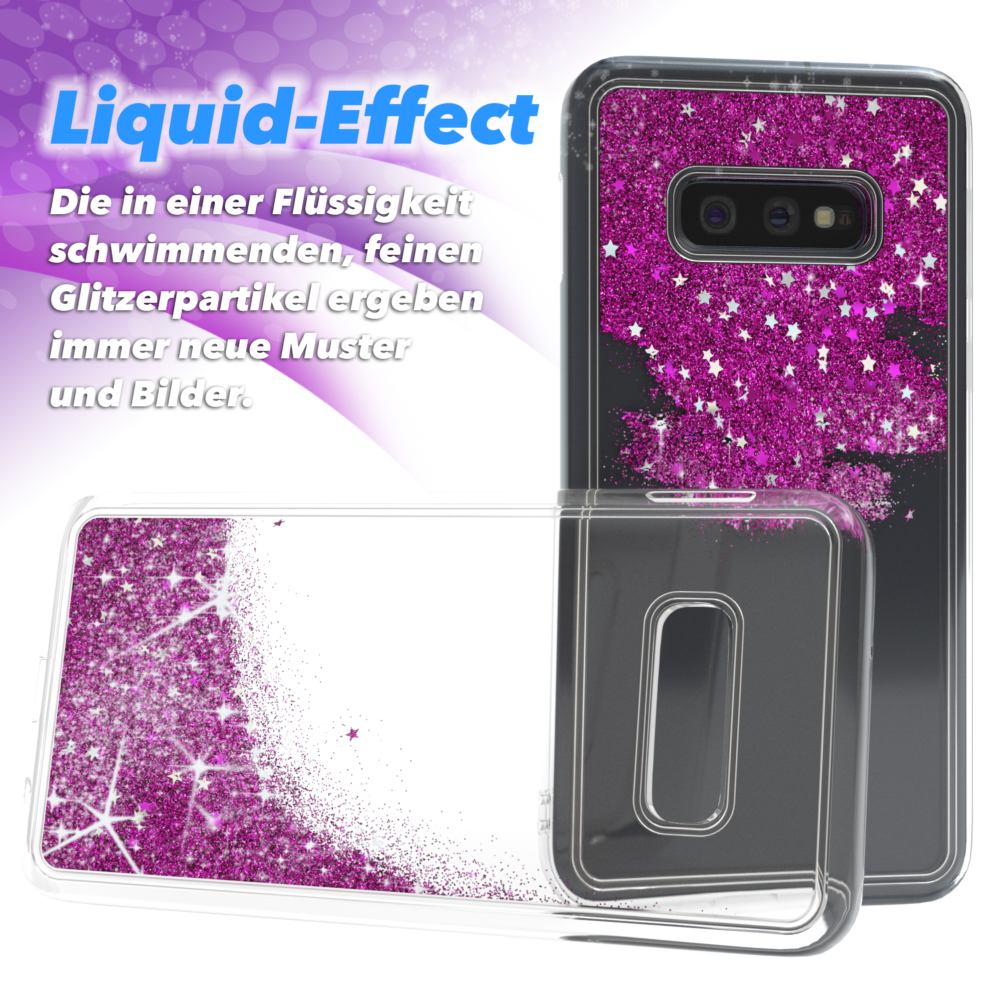 Handyhülle mit rosa Glitzerdesign und Flüssigkeitseffekt, auf weißem Hintergrund.