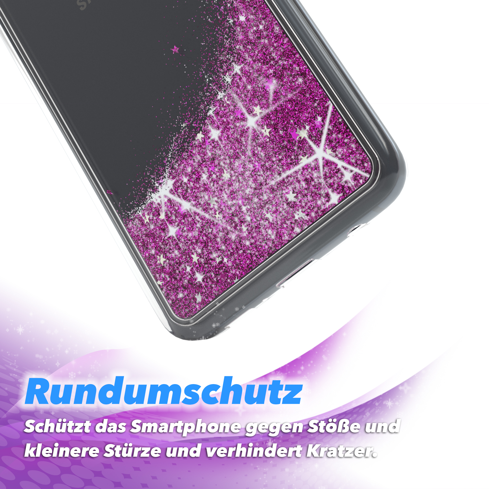 Handyhülle mit rosa Glitzer. Oben steht 'Rundumschutz'. Der Hintergrund ist lila.