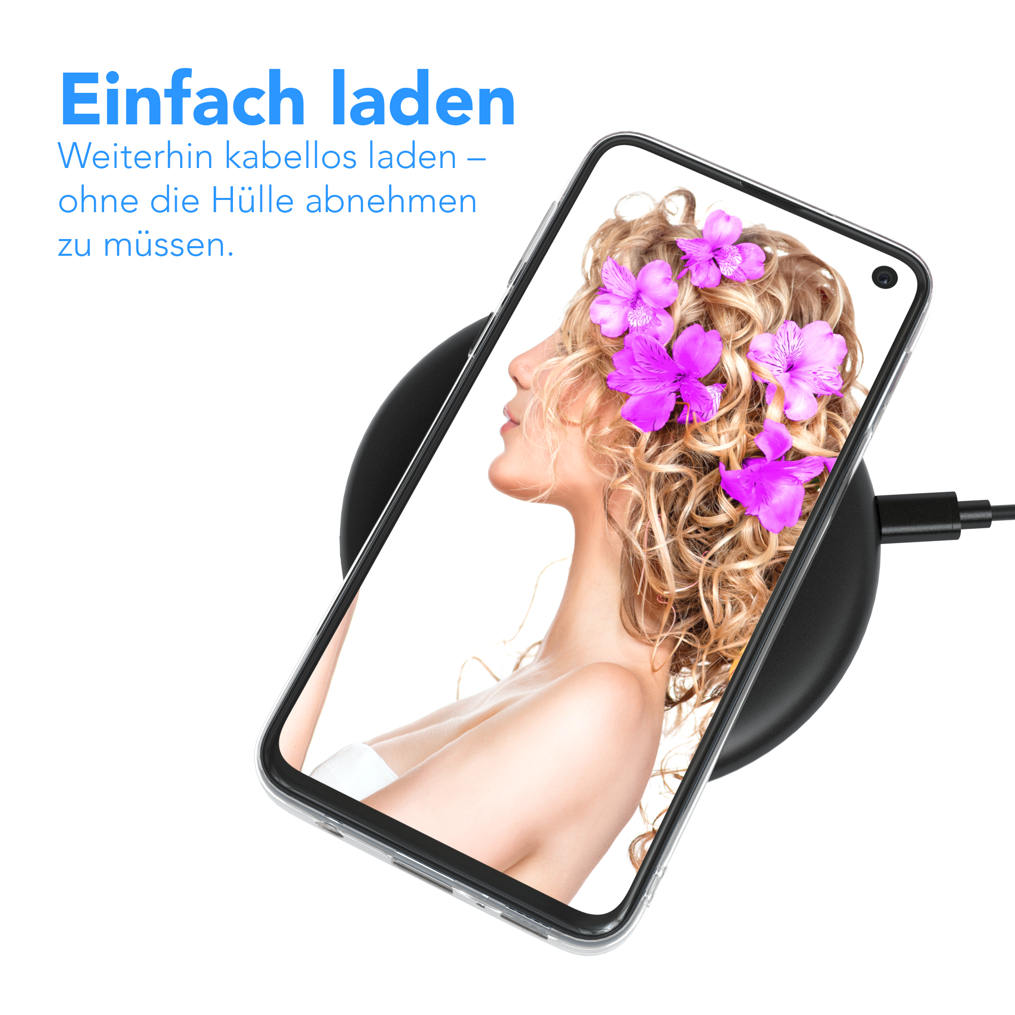 Frau mit Blumen auf dem Telefon-Ladepad. Text: Einfaches Aufladen. Kabelloses Laden ohne Entfernen der Hülle.