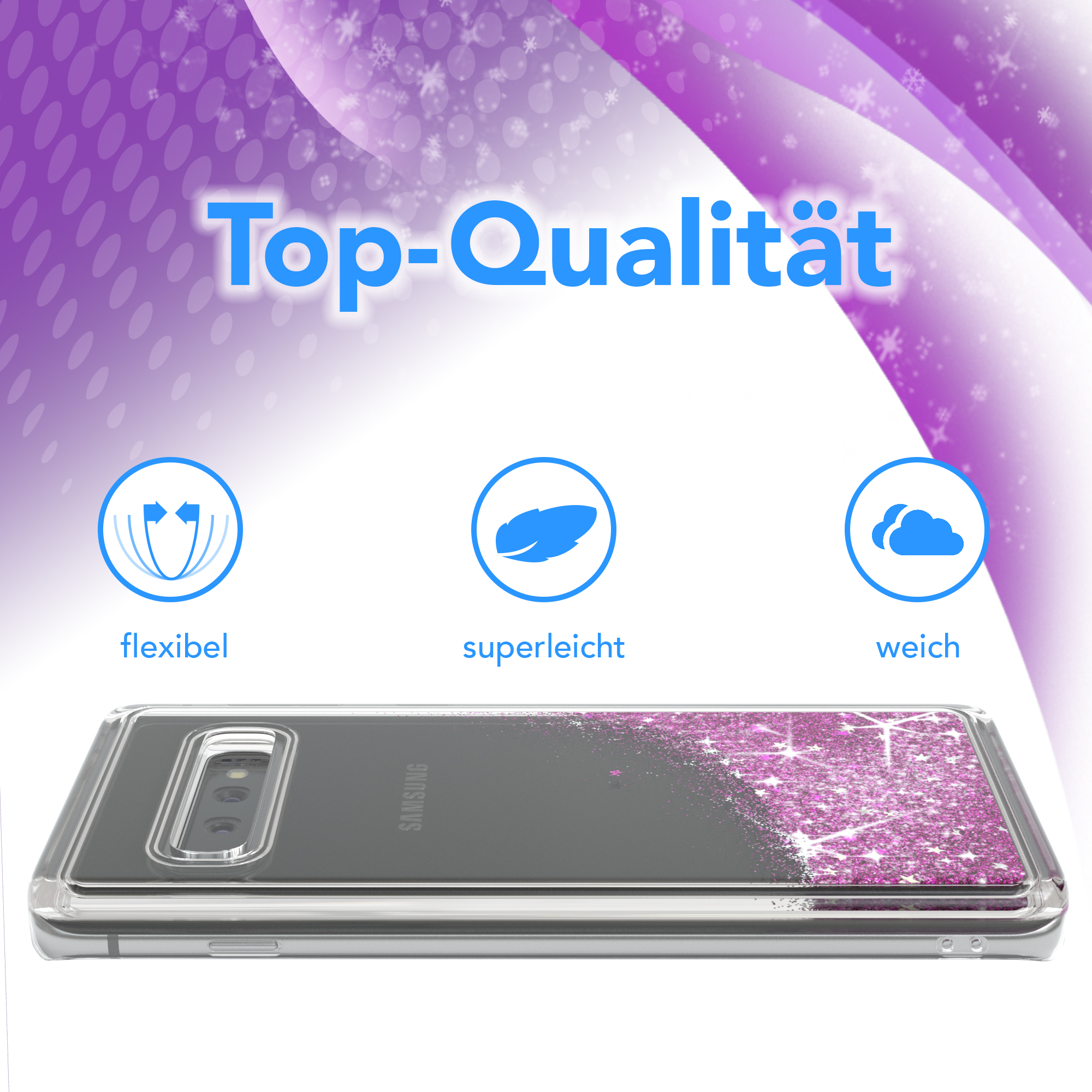 Telefon in transparenter Hülle mit rosa Glitzer auf der unteren Hälfte. Oben Text und drei Symbole.