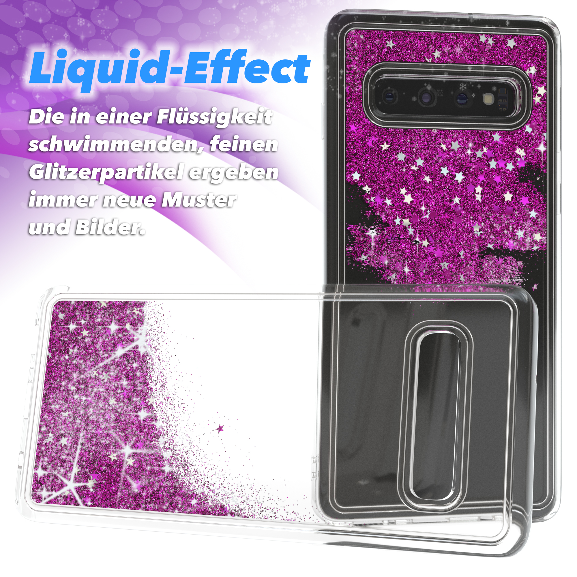 Eine Handyhülle mit rosa Glitzer und weißen Sternen, neben ihrer offenen transparenten Abdeckung.