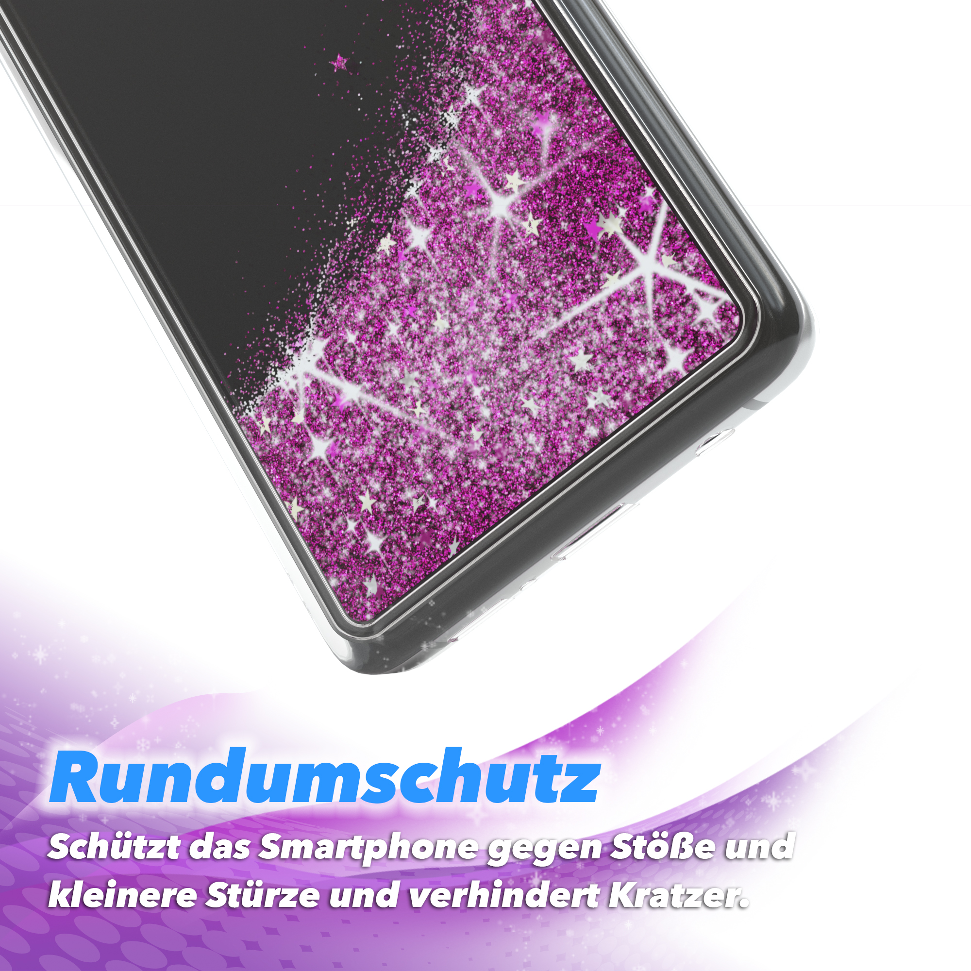 Eine Handyhülle mit Glitzerdesign, die die Rückseite des Telefons schützt.