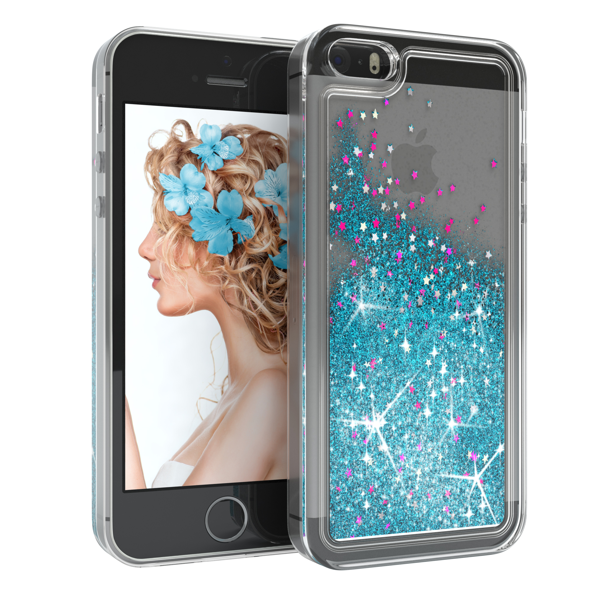 Smartphone in einer Hülle mit blauem Glitzer und Sternen, und eine Frau mit Blumen im Haar.