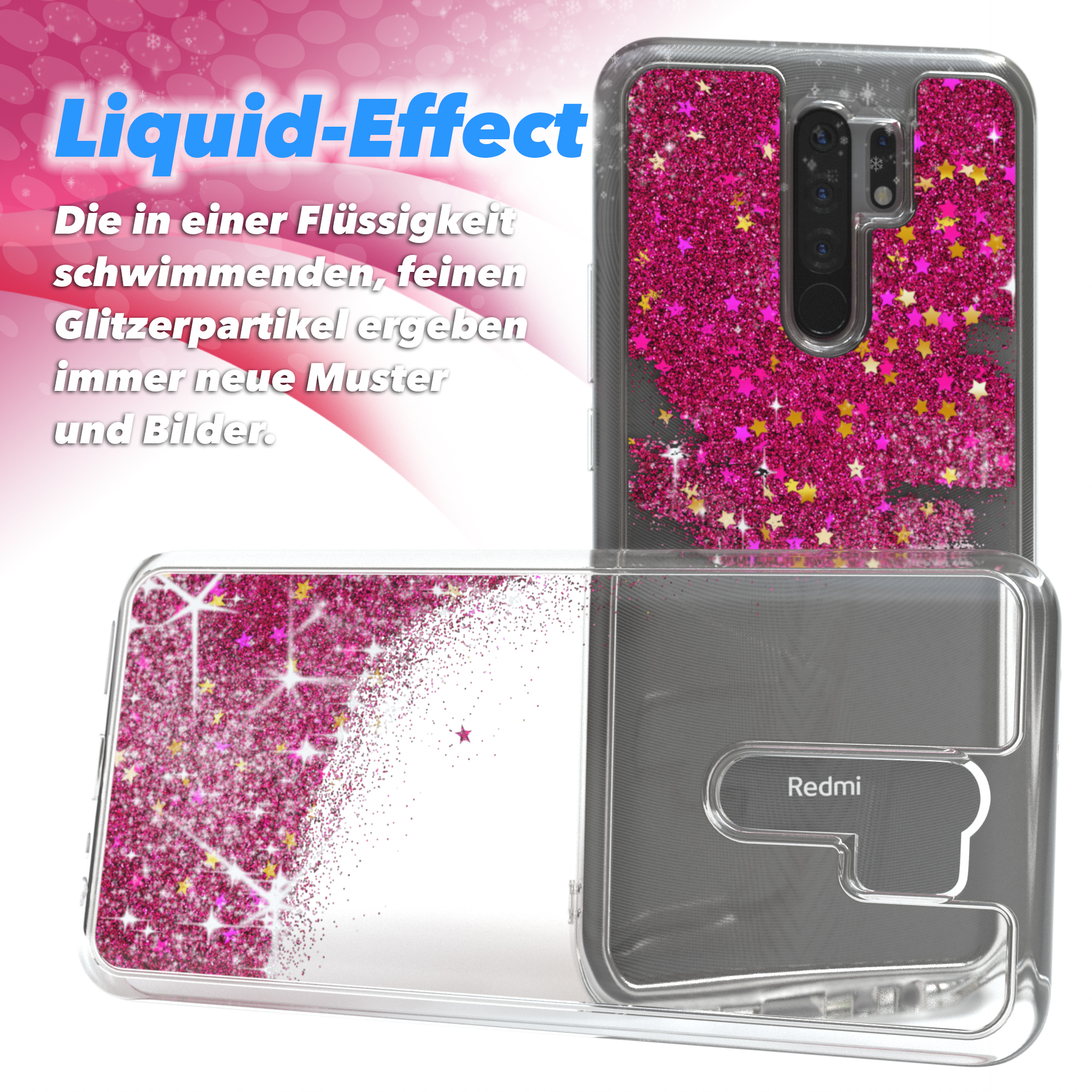Transparente Handyhülle mit pinkfarbenem Glitzer. Text: Liquid-Effect. Zwei Teile, die das Handy mit Glitzer zeigen.