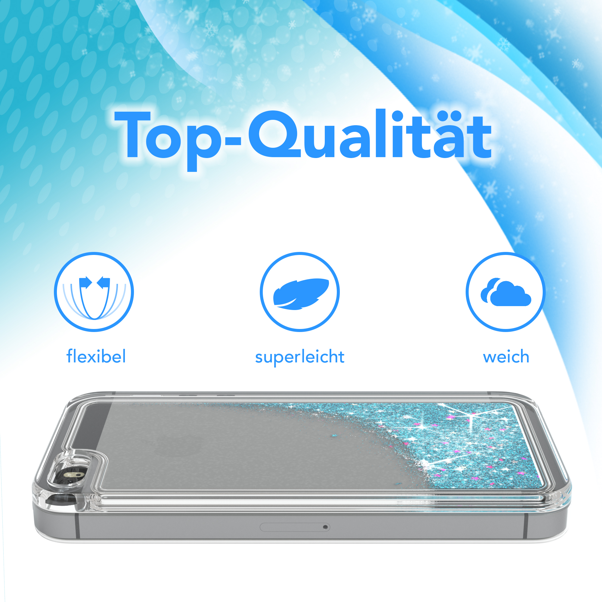 Handyhülle mit Glitzer in Flüssigkeit, Telefon innen. Text: Top-Qualität, flexibel, superleicht, weich.
