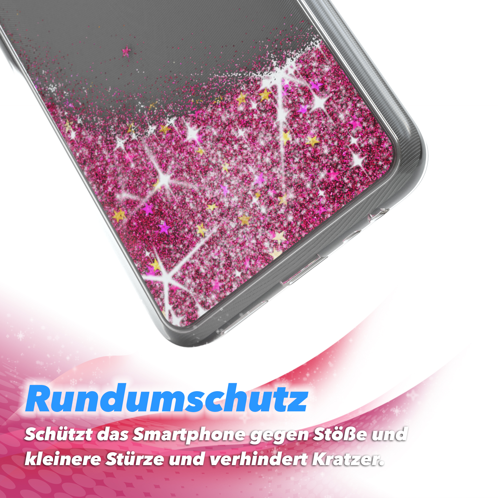 Transparente Handyhülle mit rosa Glitzer und Sternen, Text: Rundumschutz.