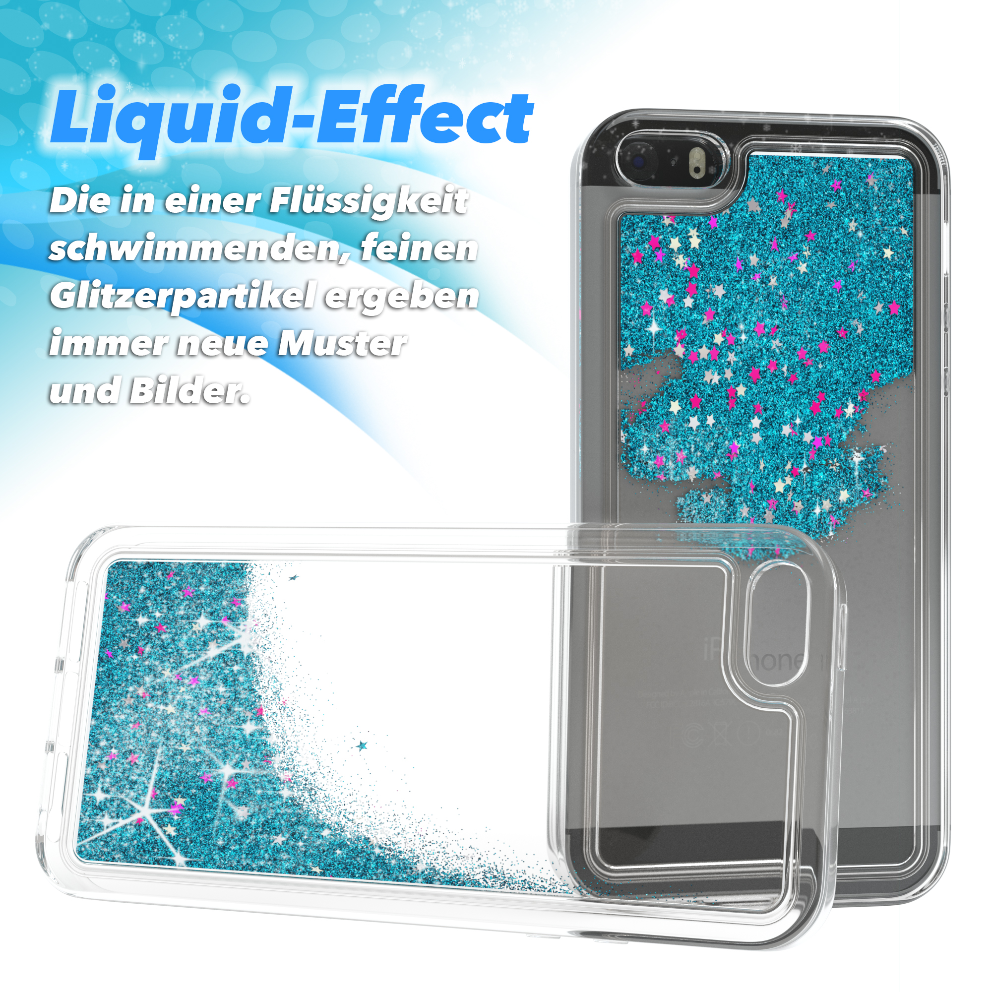 Transparente Handyhülle mit blauem Glitzerdesign, Sternen und Flüssigkeitseffekt.