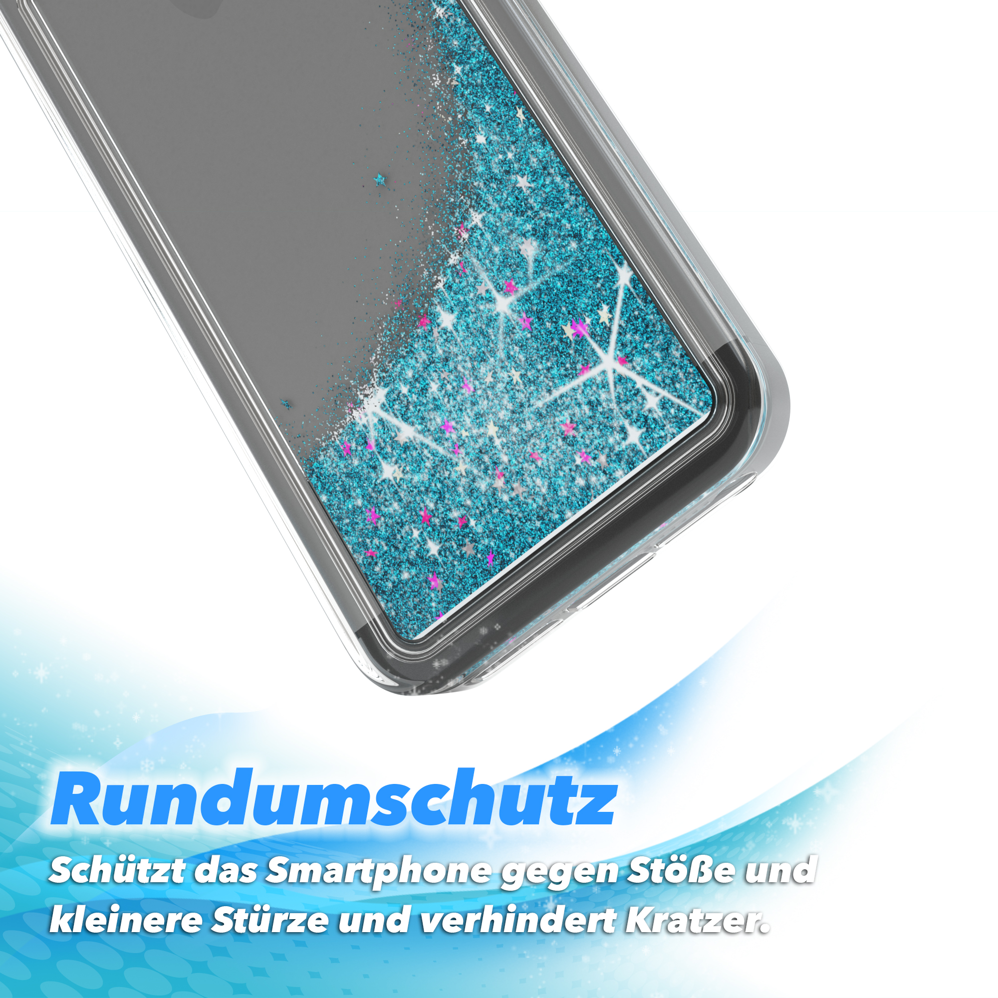 Eine Handyhülle mit blauem Glitzer und Sternen. Der Text 'Rundumschutz' ist sichtbar.