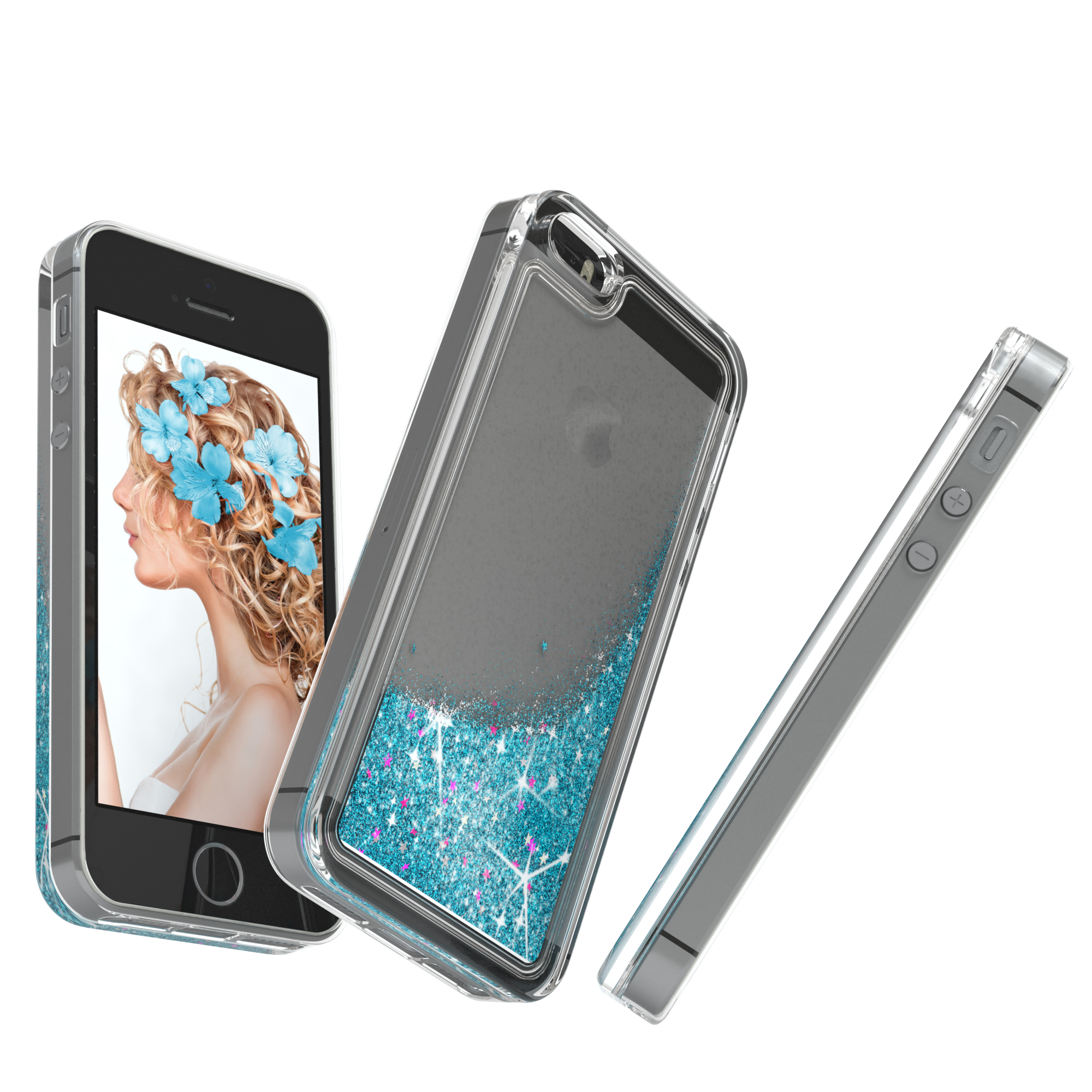 Drei Smartphones. Eins mit Frauenprofil auf dem Display. Blaues Glitzerdesign auf den Hüllen.