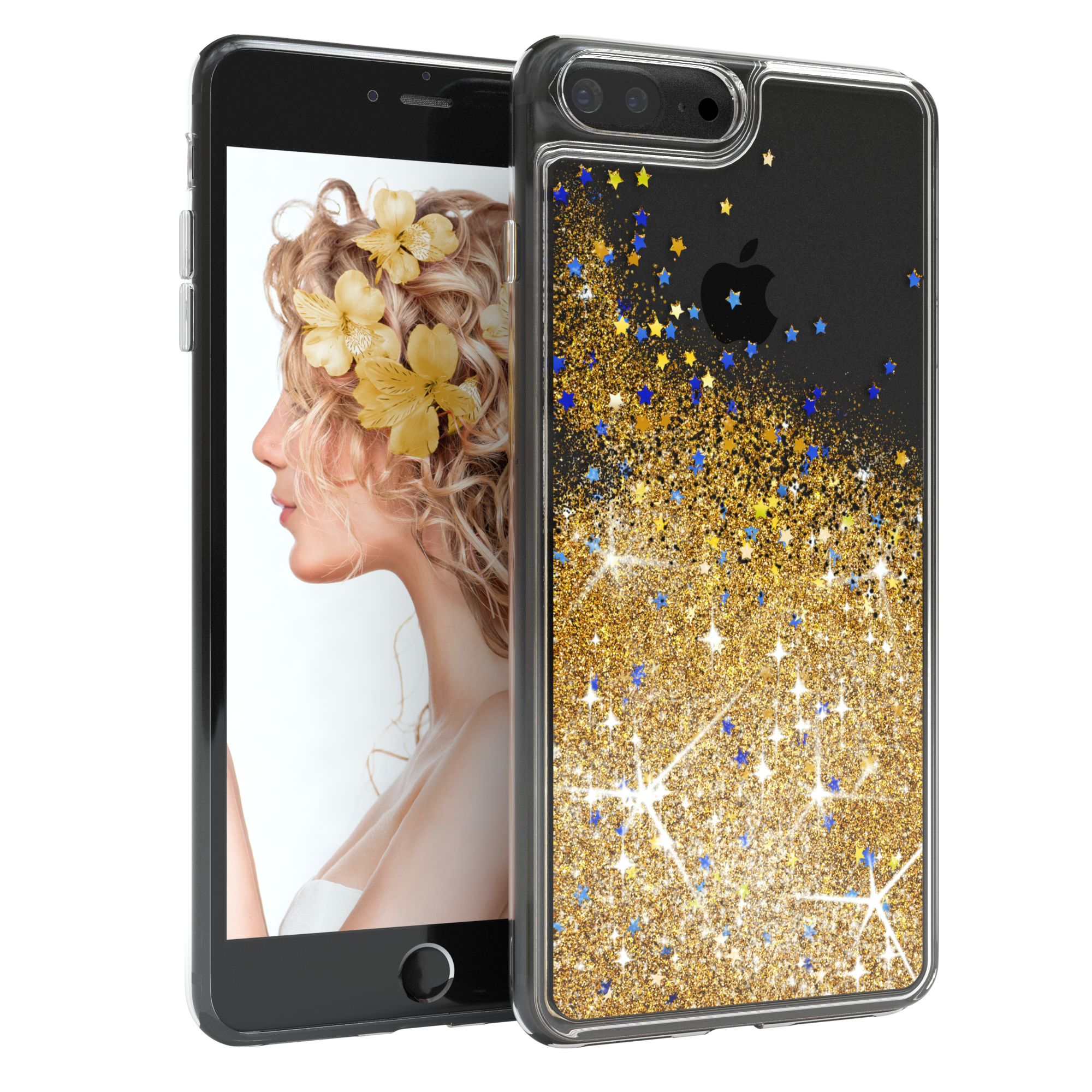 Ein Smartphone mit Glitzer-Hülle und einer Frau mit Blumen auf dem Bildschirm. Die Hülle hat goldene Sterne.