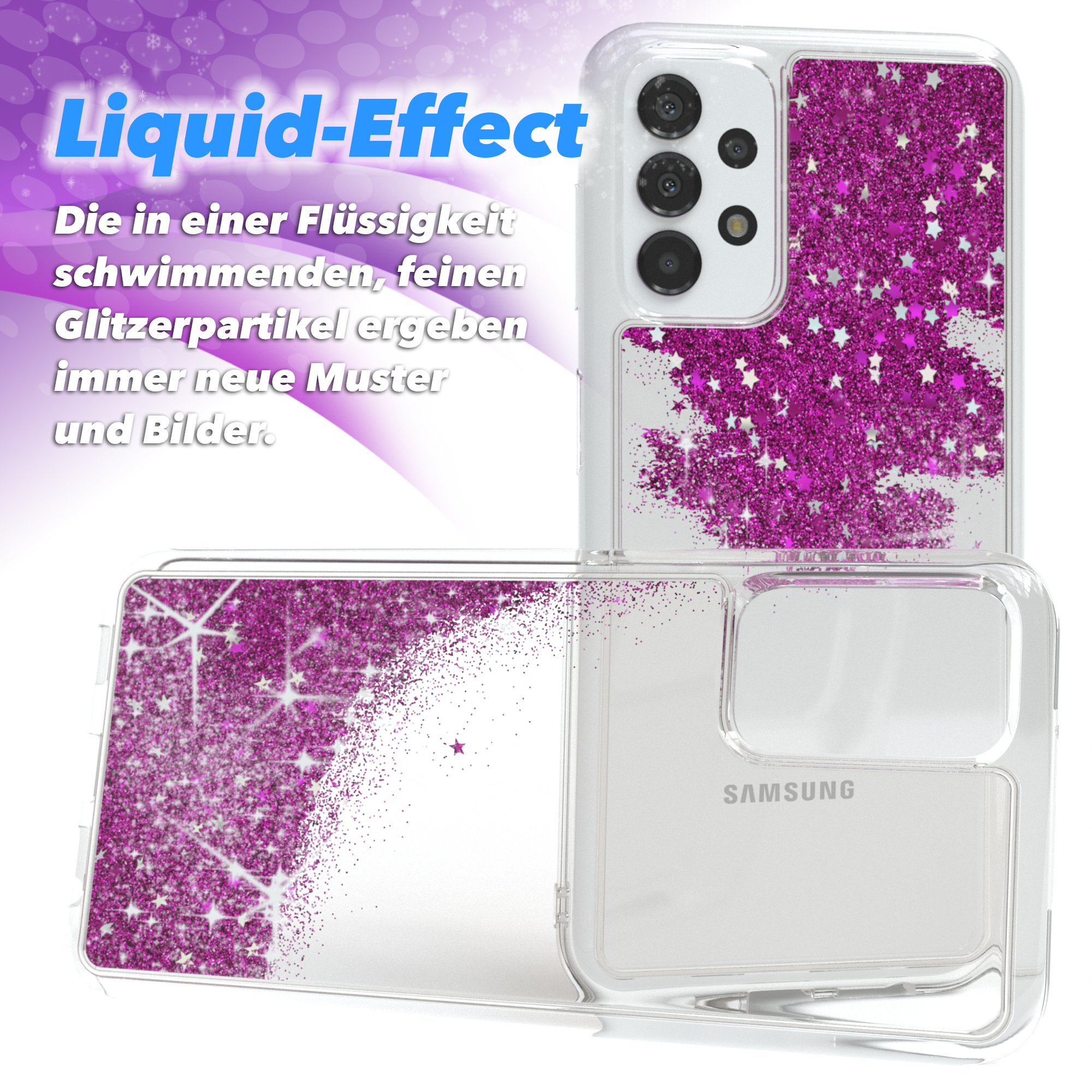 Liquid-Effect-Handyhüllen mit Glitzersternen, mit Samsung-Logo.