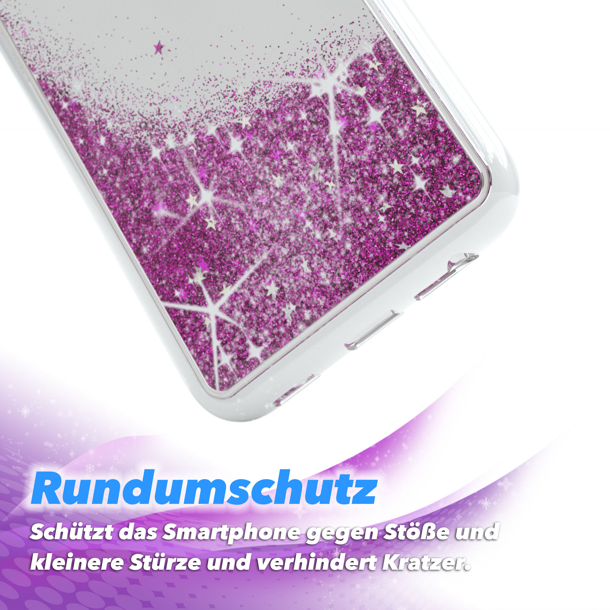 Nahaufnahme einer Handyhülle mit Glitzer. Lila Glitzer und Sterne.