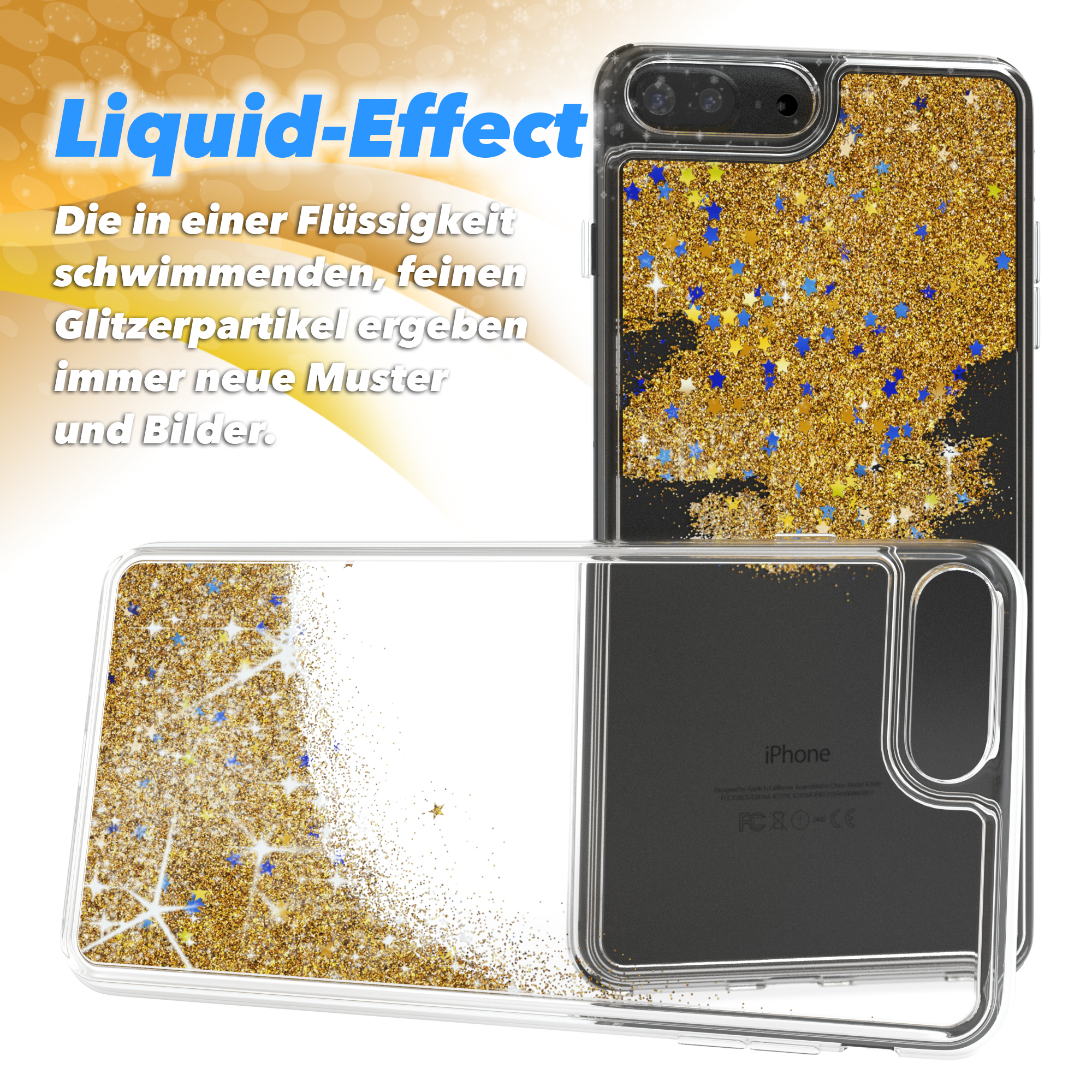 Zwei iPhone-Hüllen mit Glitzerdetails, Text auf Deutsch: 'Liquid-Effekt' und 'Rundumschutz'.
