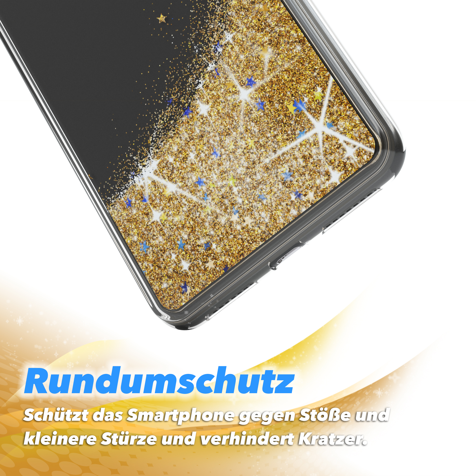Handyhülle mit goldenem Glitzer und schwarzem Hintergrund auf weißem Grund.