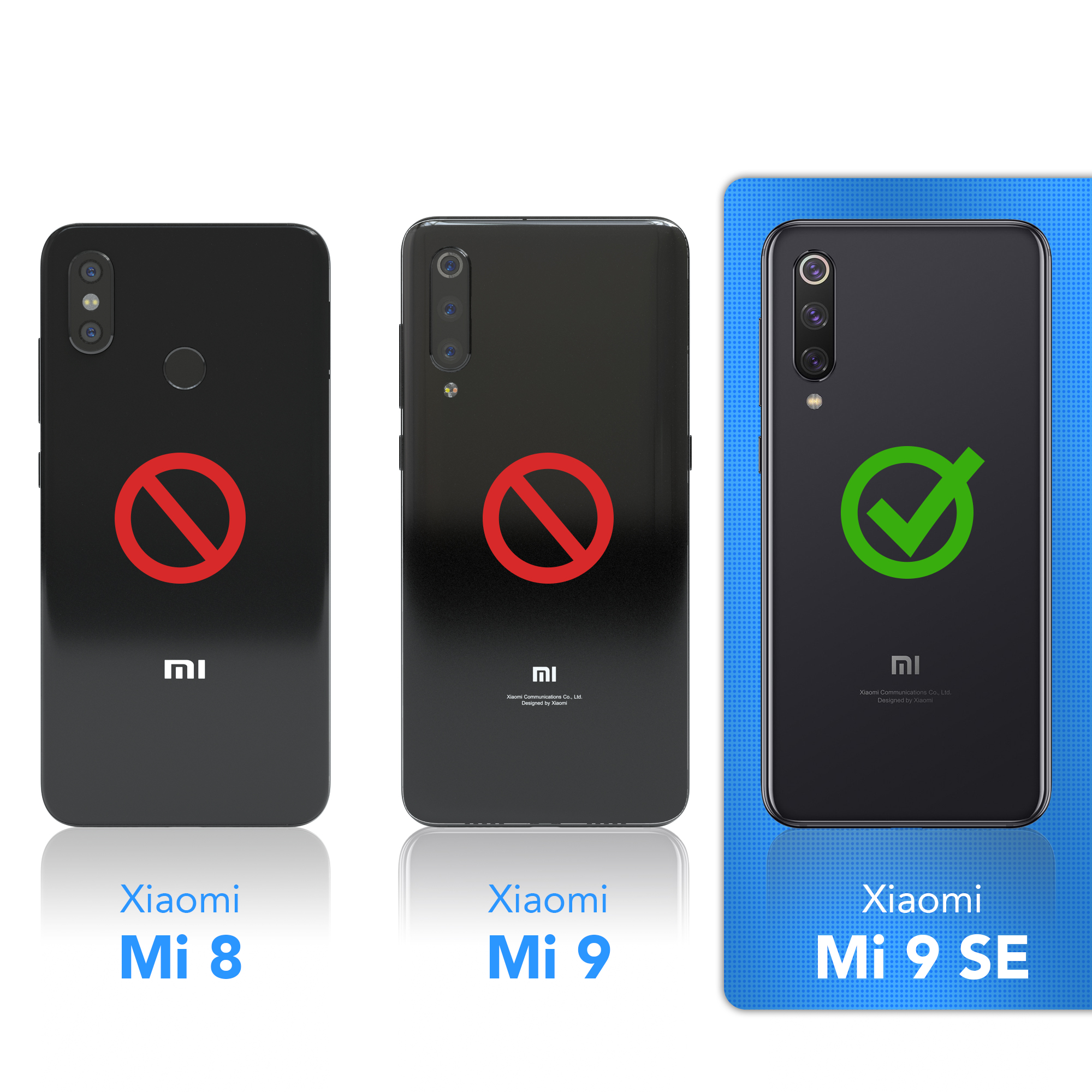 Drei schwarze Telefone mit Xiaomi-Logo. Zwei haben ein rotes Verbotsschild und eins einen grünen Haken.