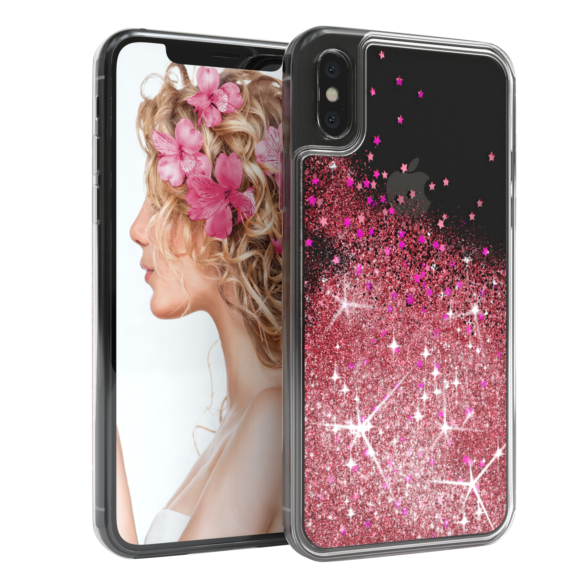 Telefon in Hülle, mit Frauenbild auf dem Bildschirm, weiße Oberfläche.