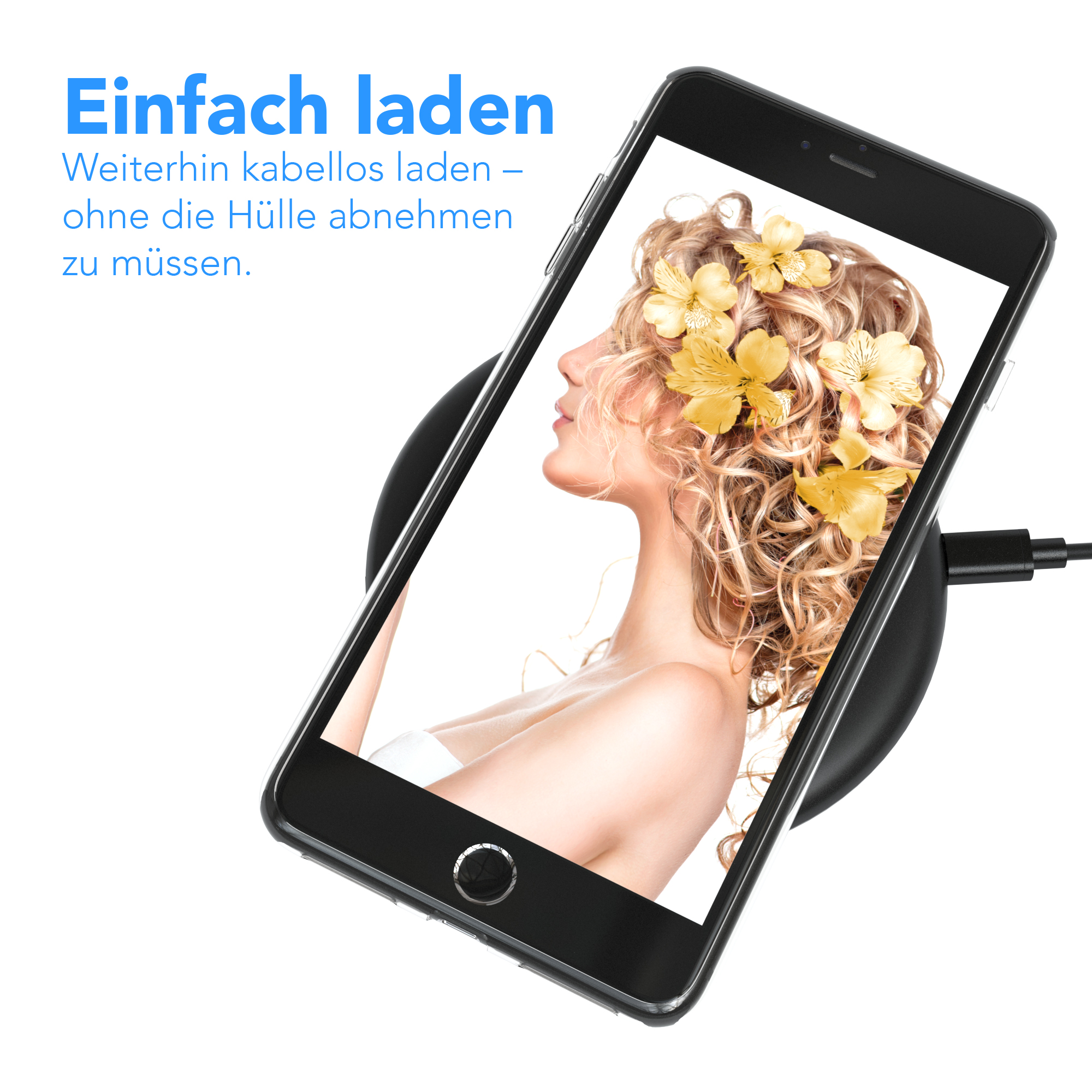 Telefon auf kabellosem Ladegerät. Telefon zeigt Frau mit Blumen. Schwarzes Ladegerät, weißer Hintergrund.