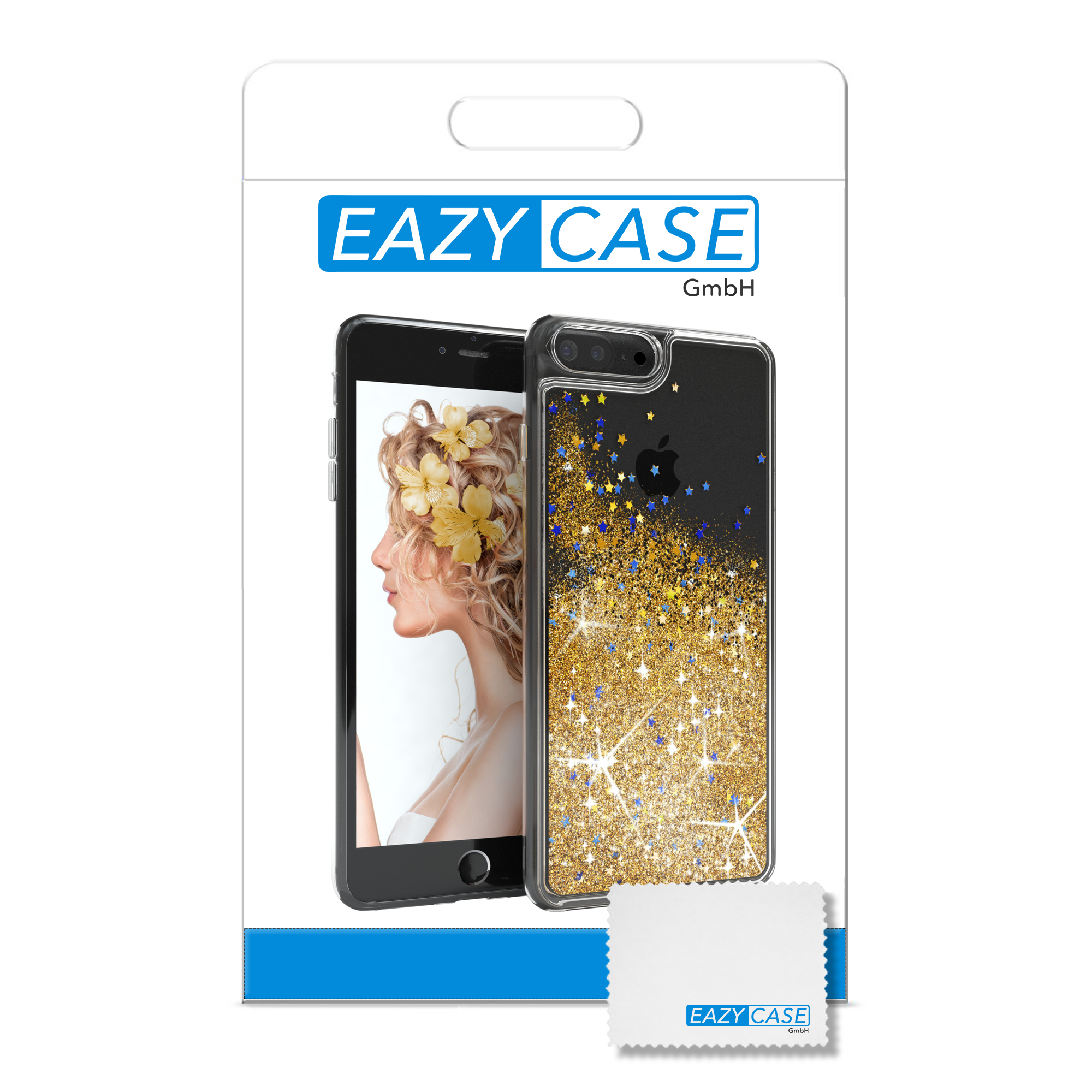Eine Handyhülle in Verpackung. Sie zeigt eine Frau mit Blumen und eine Handyhülle mit Glitzer.