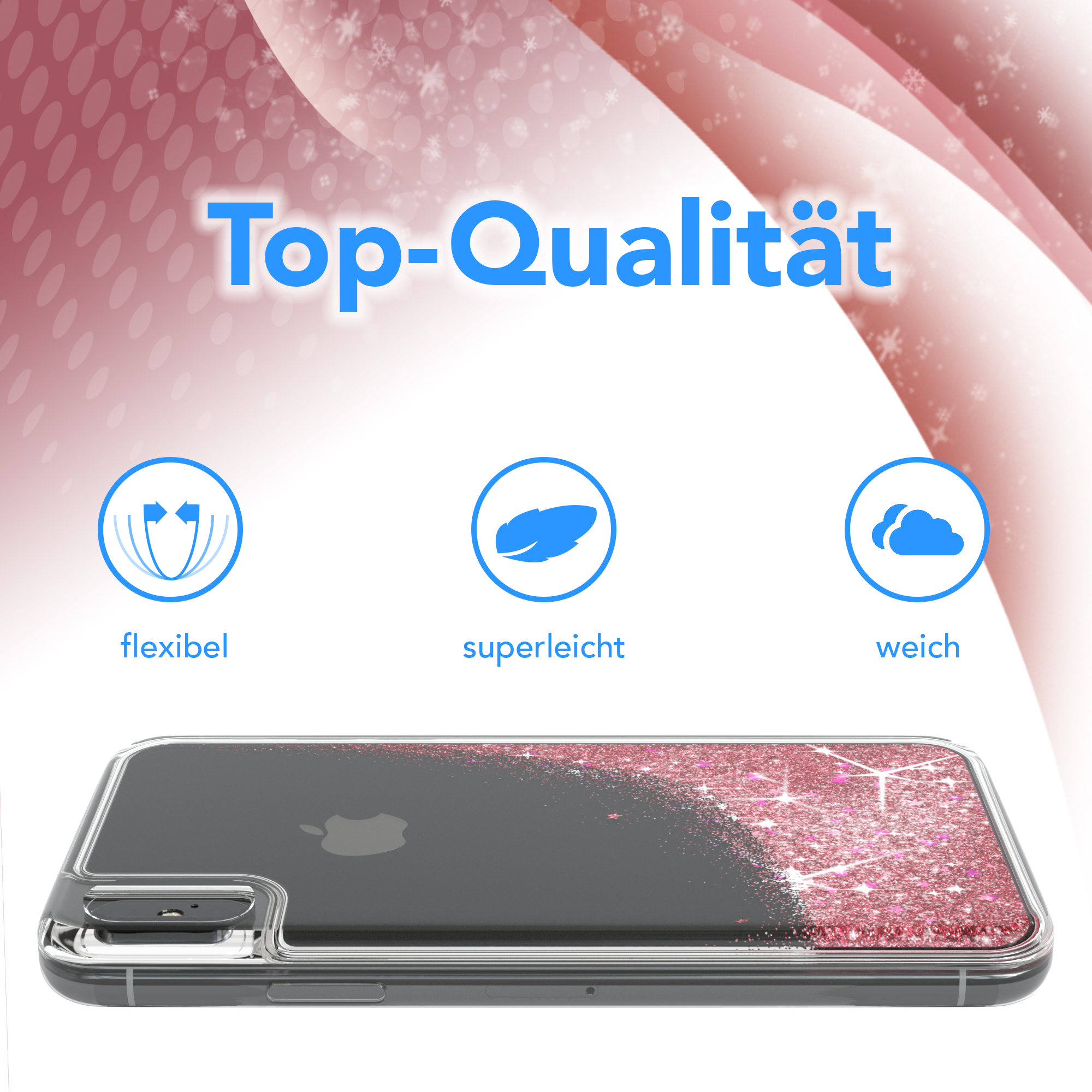 Transparente Handyhülle mit rosa Glitzer, schwarze Basis und Top-Qualität-Text.