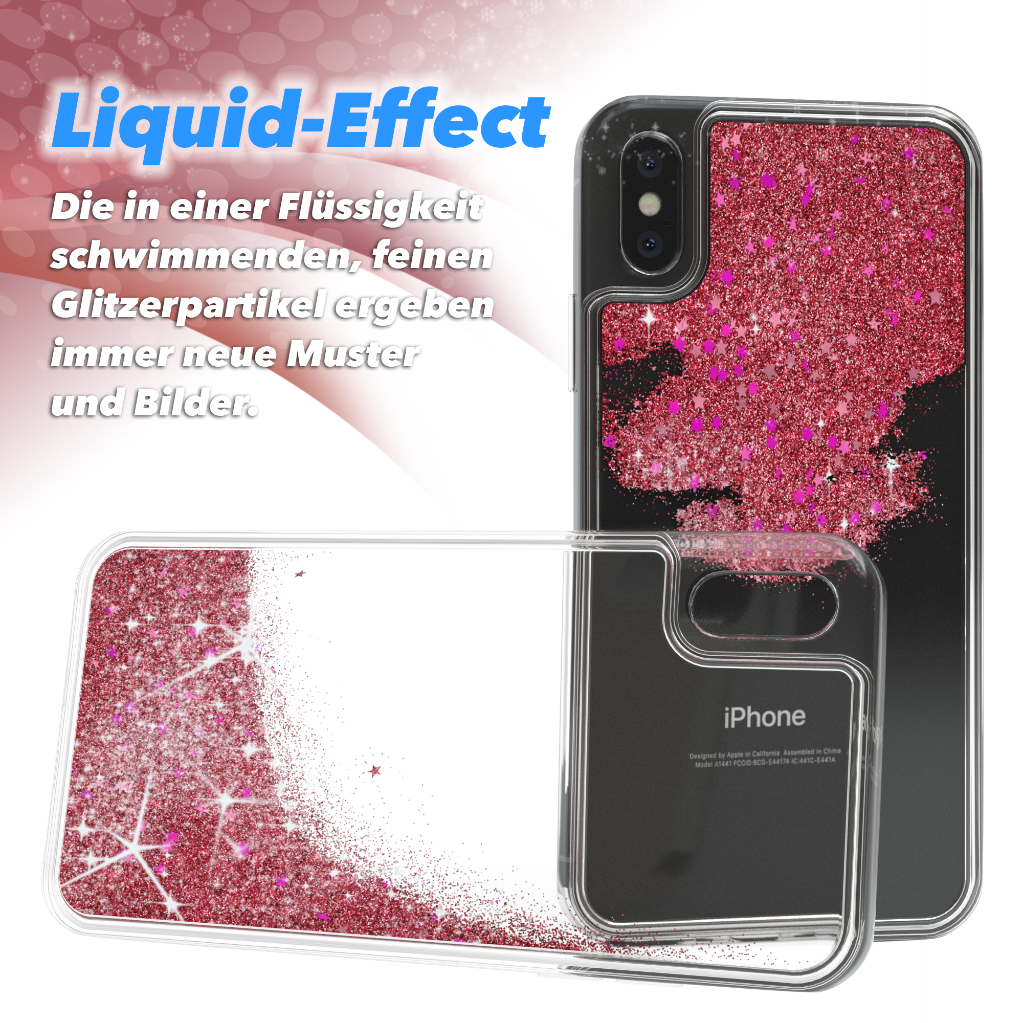 Handyhüllen mit rotem Glitzer. Text lautet 'Liquid-Effect'.