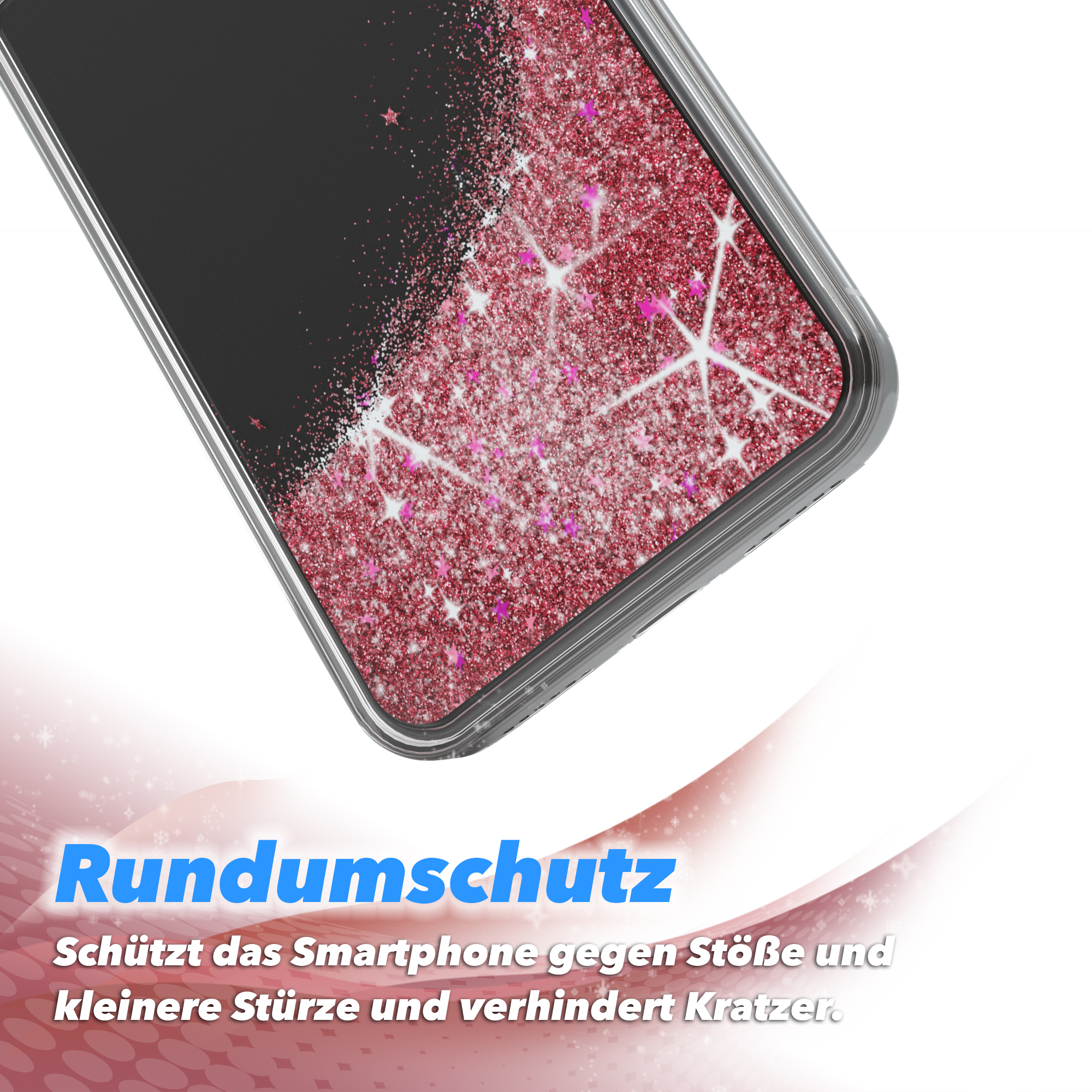 Handyhülle mit glitzernden rosa Glitzerpartikeln auf schwarzem Hintergrund. Der Text lautet 'Rundumschutz'.