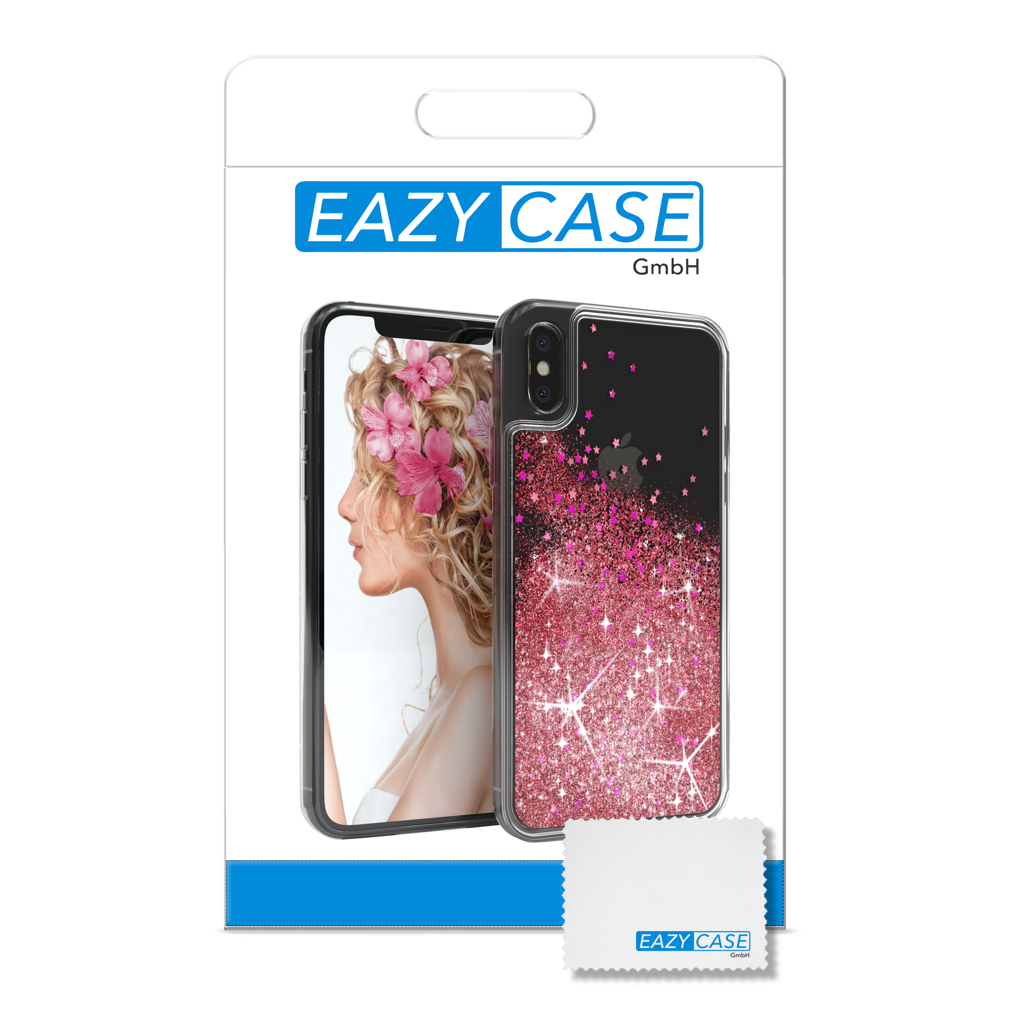 Handyhülle in Verpackung. Die Hülle hat rosa Glitzer und eine Frau mit Blumen auf dem Kopf.