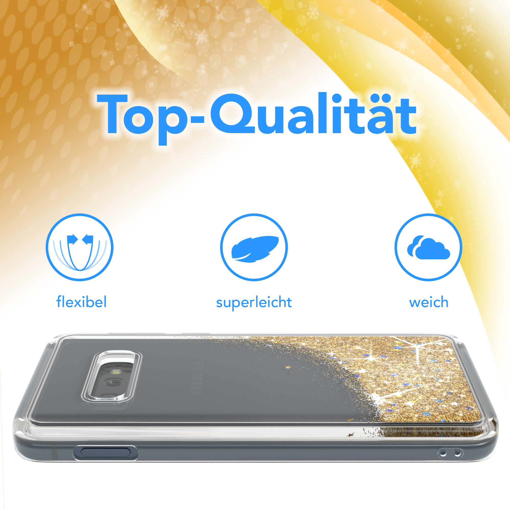Eine Handyhülle mit goldenem Glitzer auf grauem und transparentem Hintergrund.