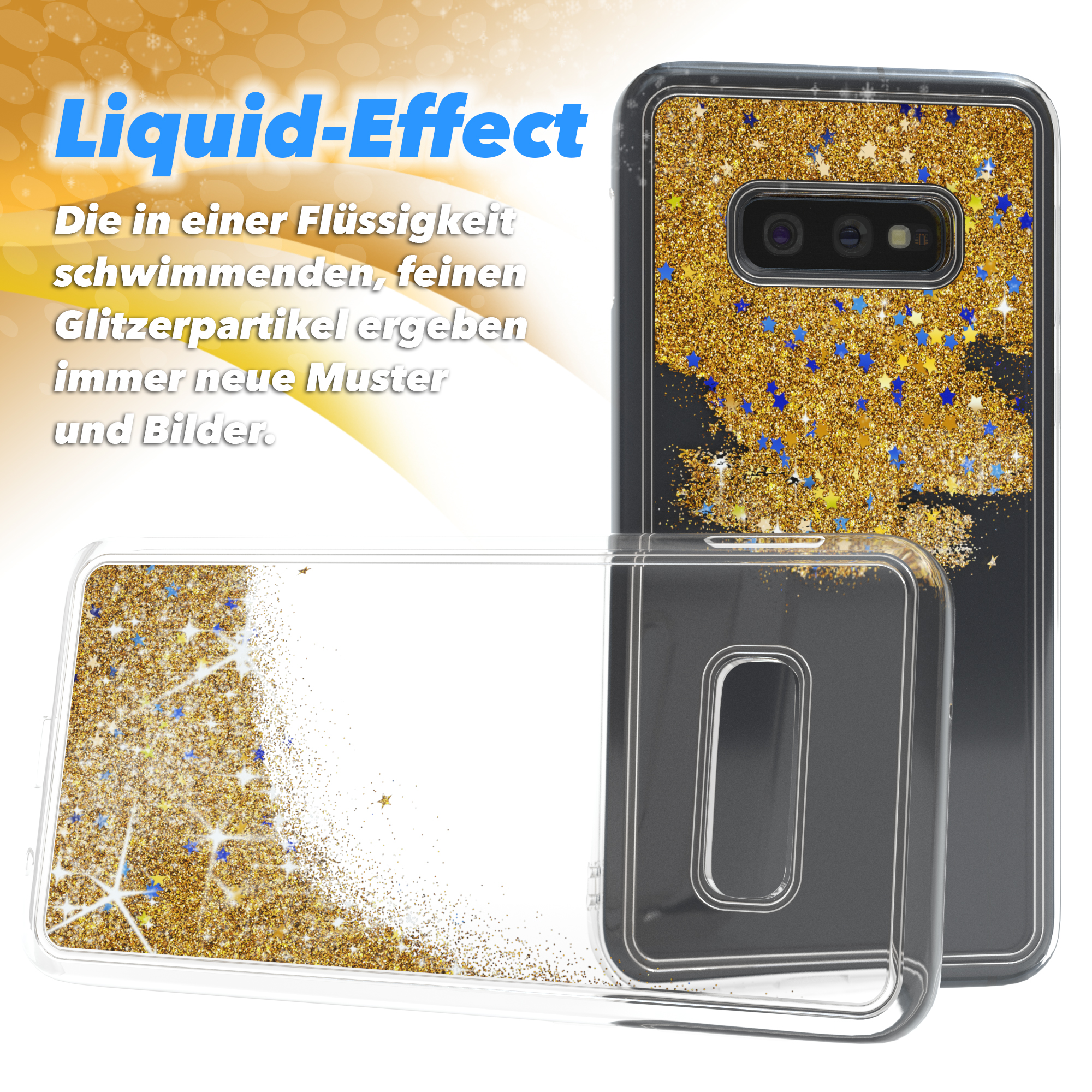 Handyhülle mit goldenem Glitzer und Sternen, zwei Ansichten. Flüssigkeitseffekt und transparente Seiten.