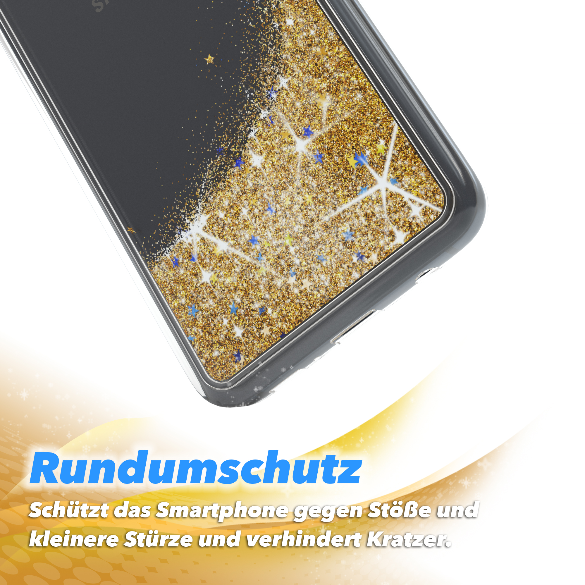 Handyhülle mit Glitzer. Deutscher Text wirbt für Schutz vor Stößen und Kratzern.