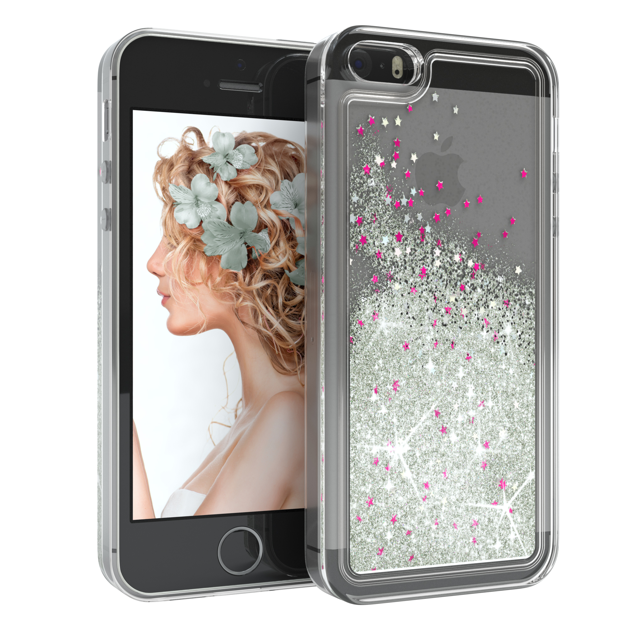 Telefon mit Hülle. Frauengesicht mit Blumen auf dem Bildschirm. Silbernes Glitzerdesign auf der Hülle.
