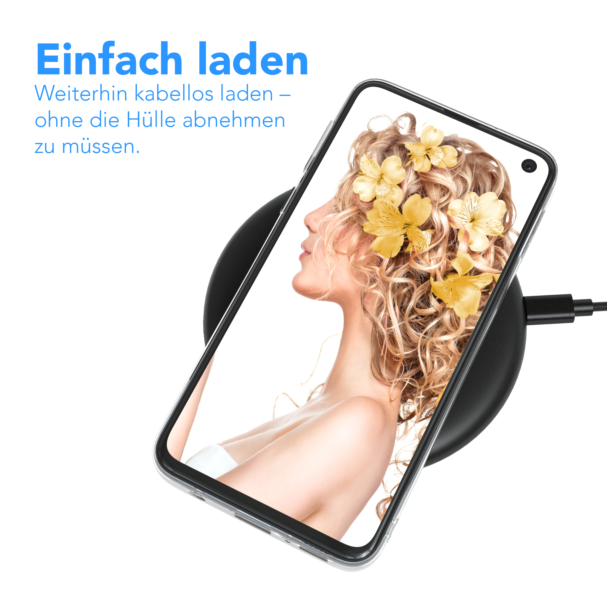 Ein Telefon auf kabelloser Ladestation mit Frauengesicht und gelben Blumen auf dem Bildschirm.